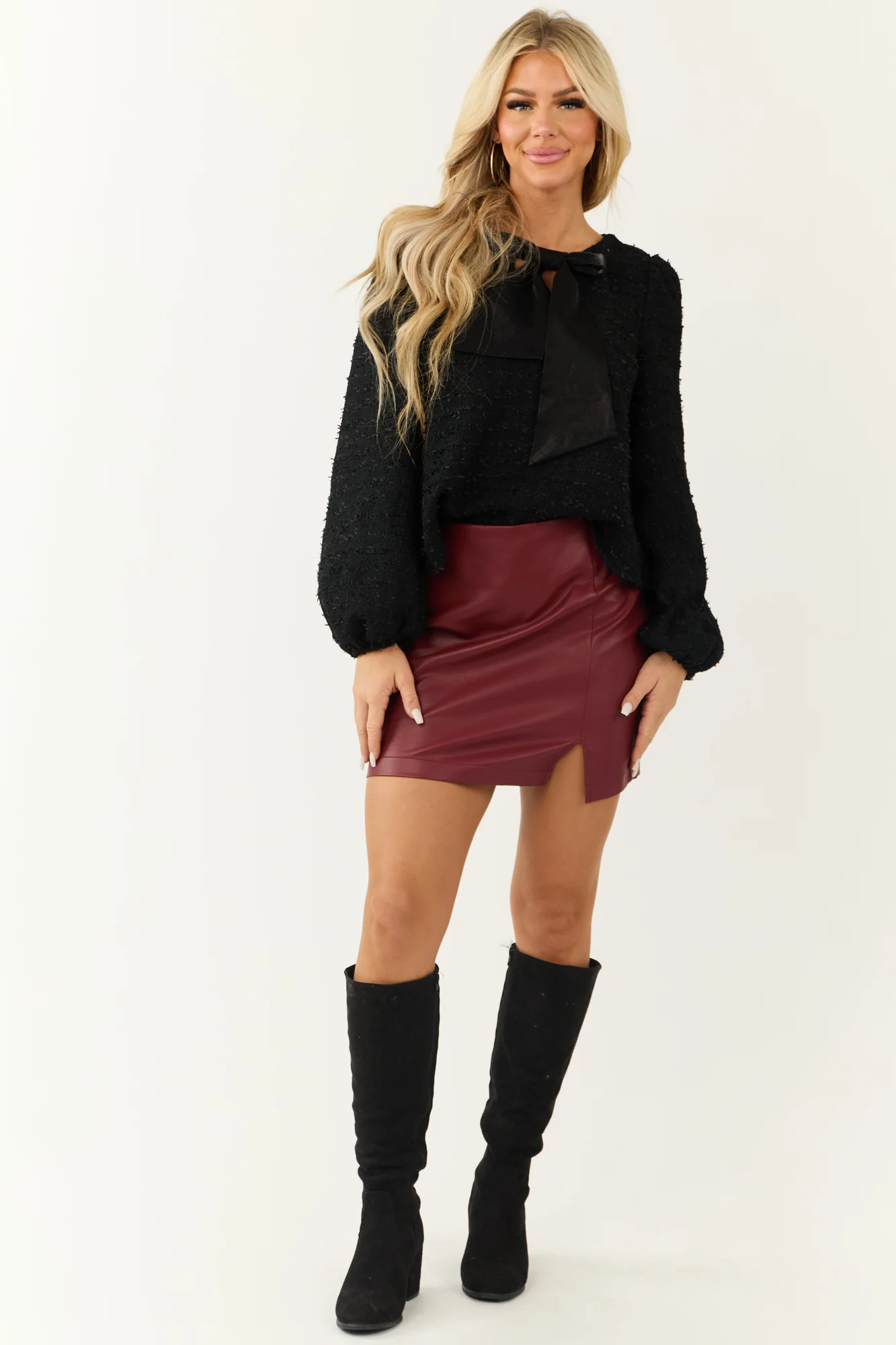Classic Black Tweed V-Neck Puff Sleeve Top