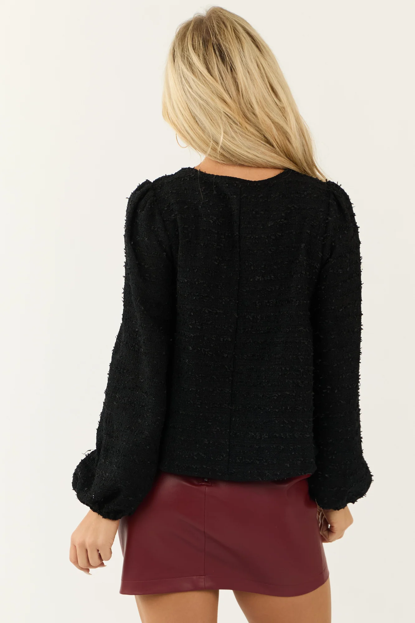 Classic Black Tweed V-Neck Puff Sleeve Top