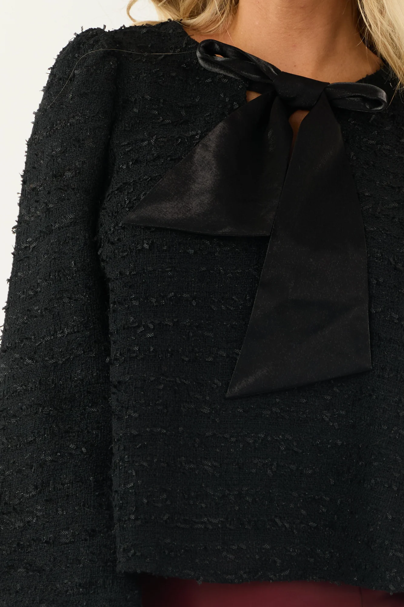 Classic Black Tweed V-Neck Puff Sleeve Top