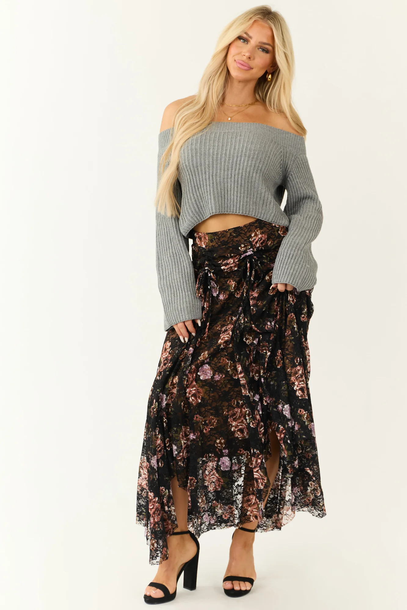 Floral Lace Handkerchief Hem Maxi Skirt in Black