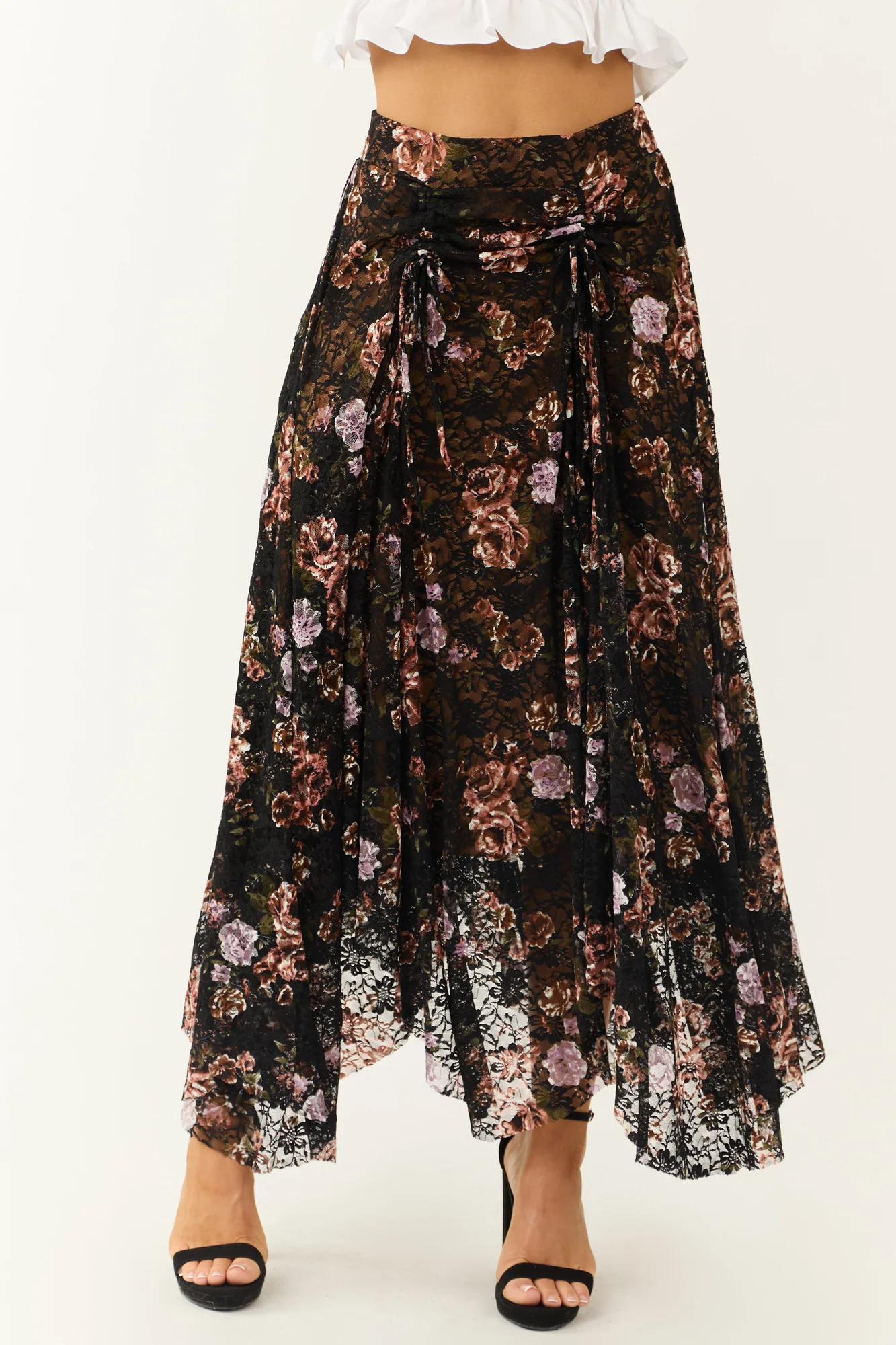 Floral Lace Handkerchief Hem Maxi Skirt in Black