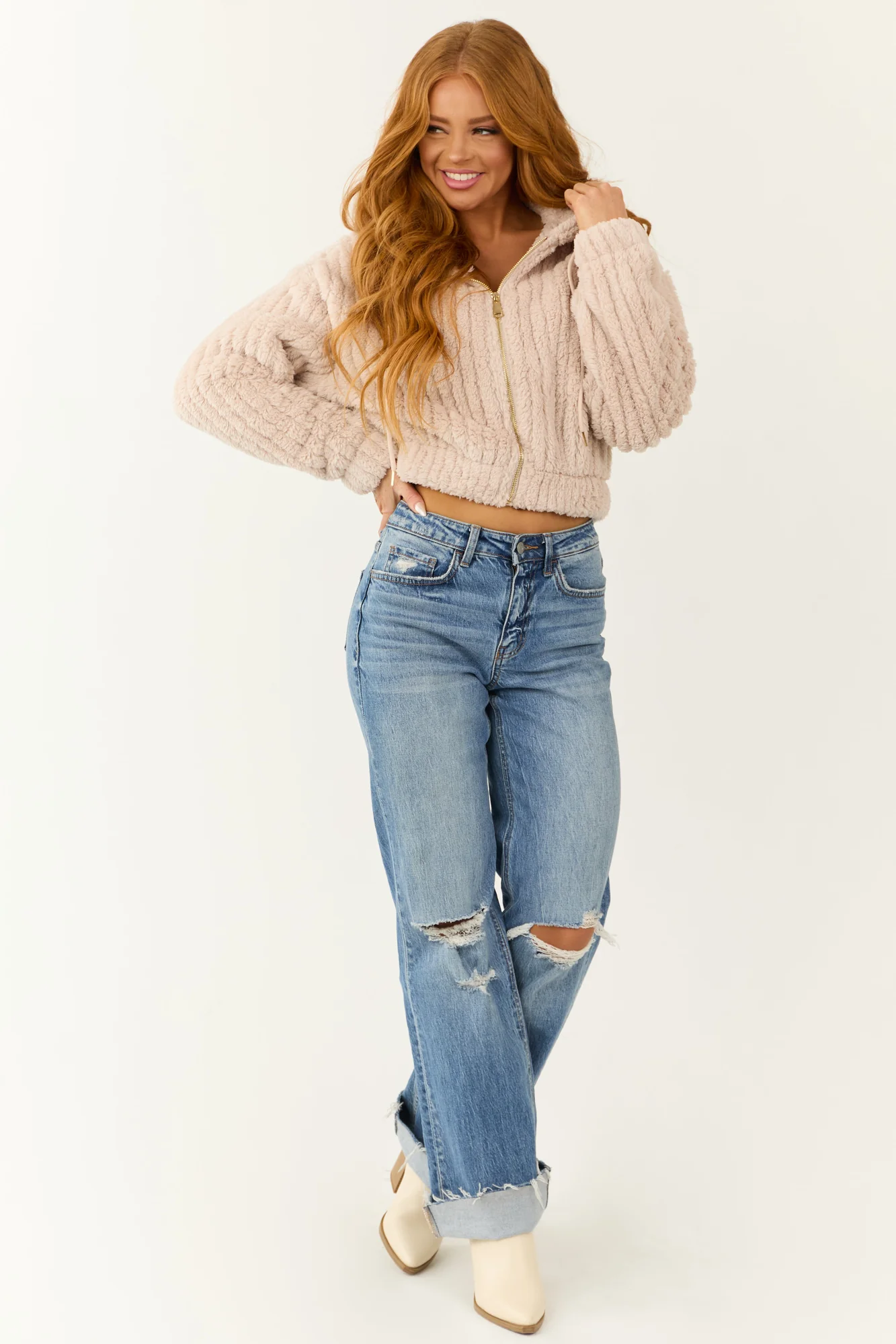 Ribbed Faux Fur Hooded Jacket in Dusty Blush