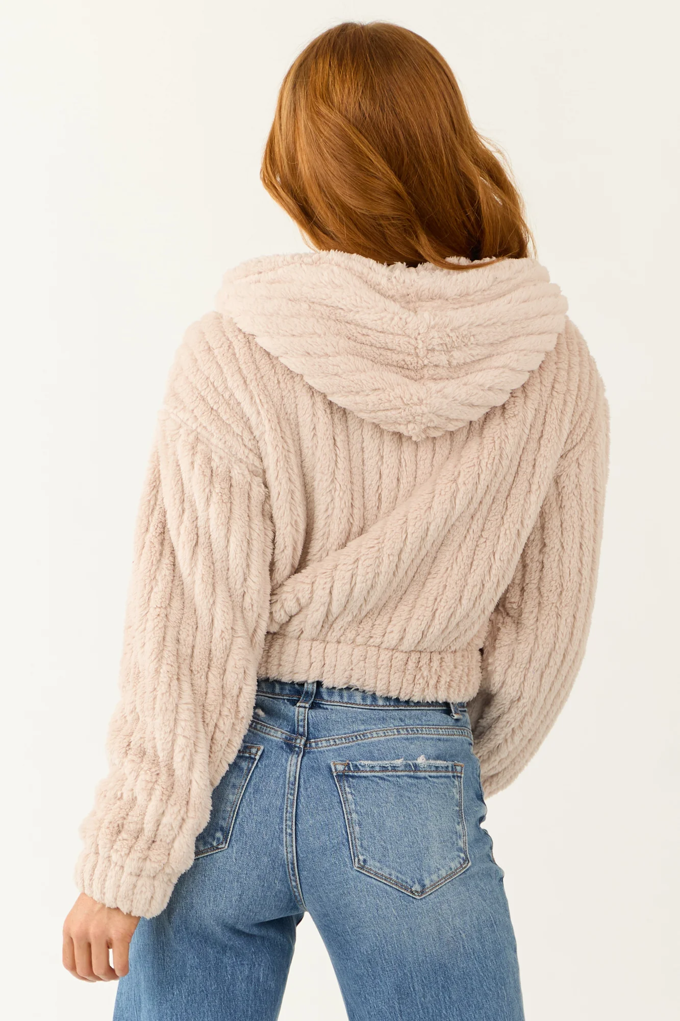 Ribbed Faux Fur Hooded Jacket in Dusty Blush