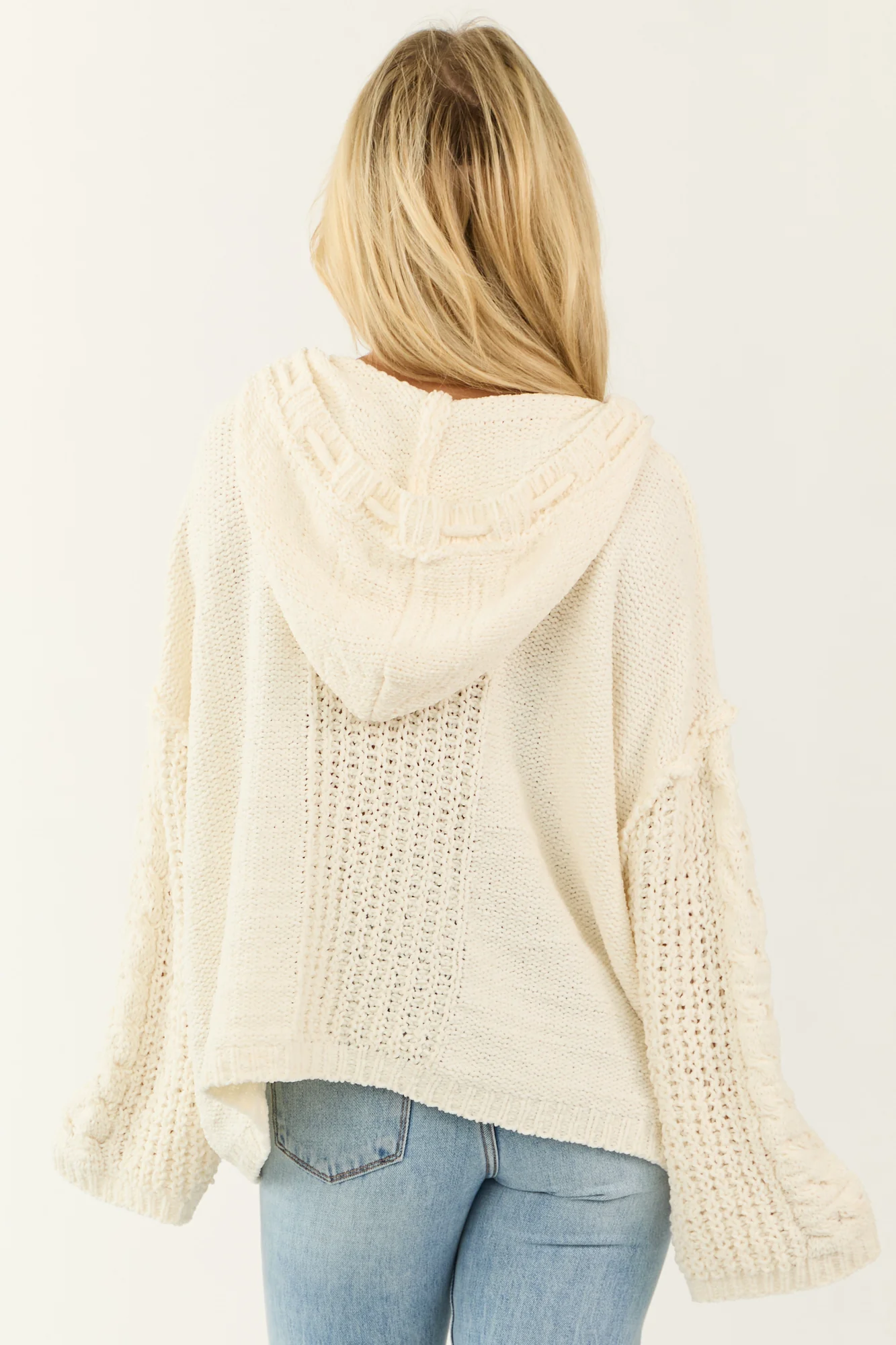 Cream Cable Knit Drawstring Hood Sweater