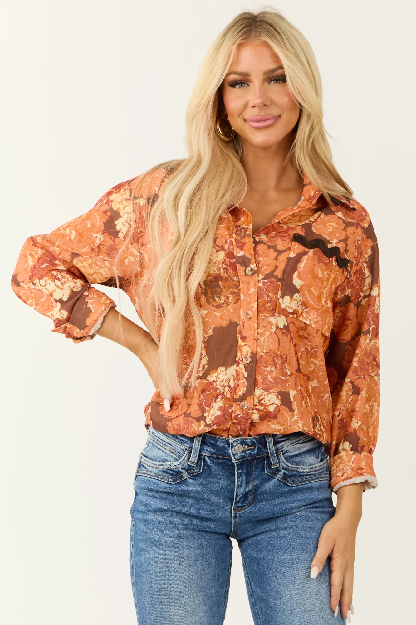 Sunset Melon Floral Pocket Blouse