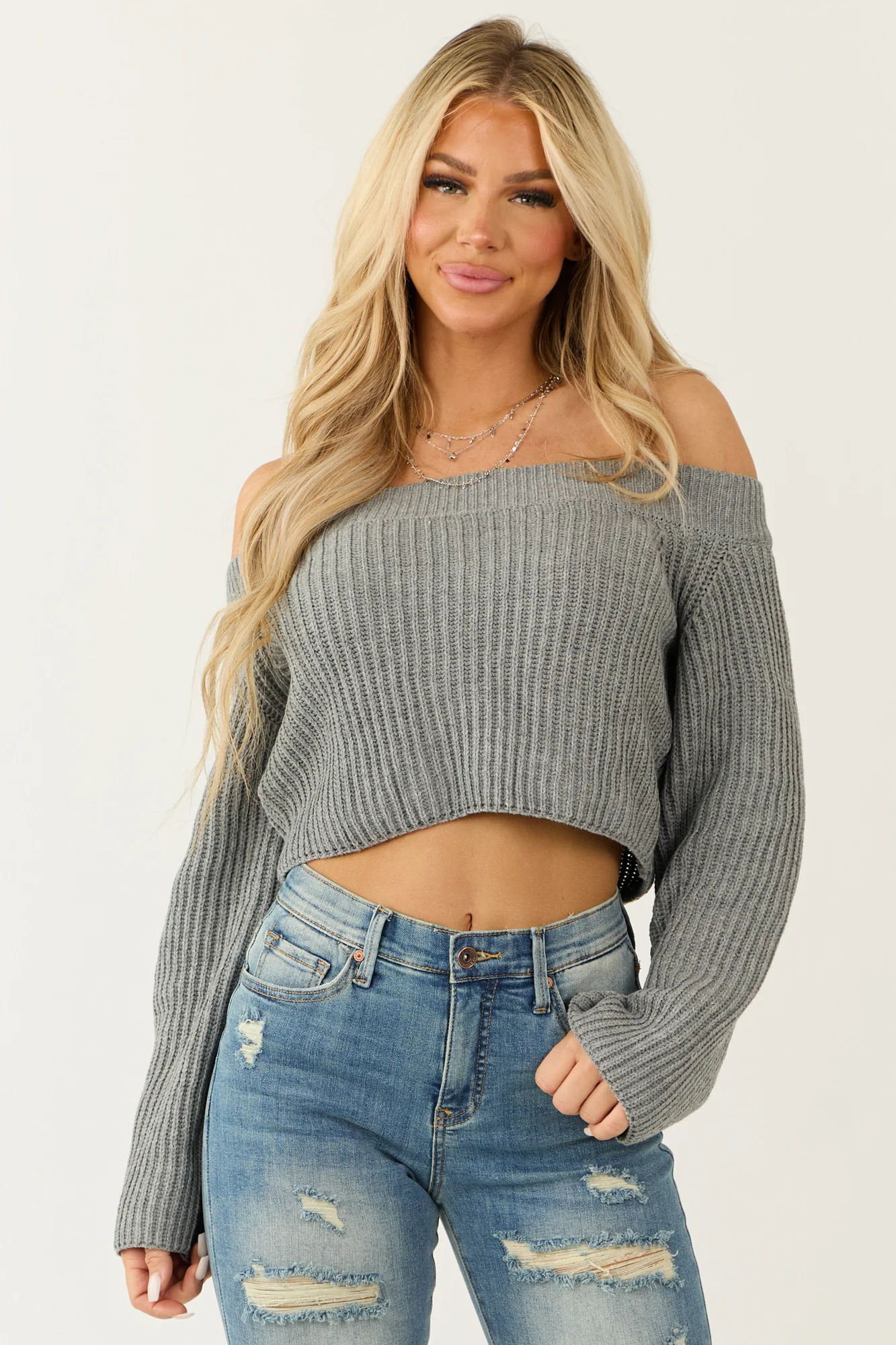 Gray Ribbed Knit Off-the-Shoulder Sweater
