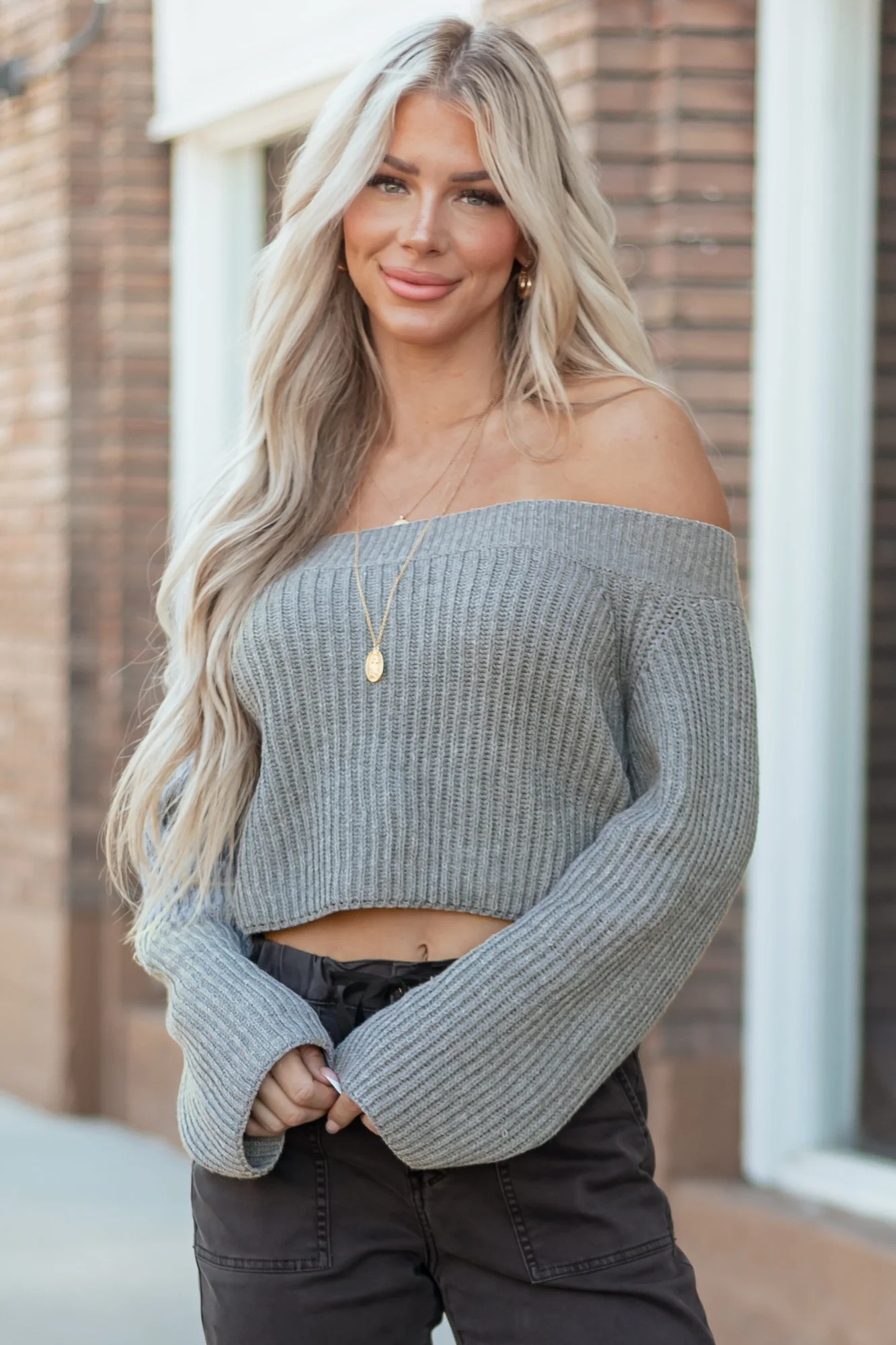 Gray Ribbed Knit Off-the-Shoulder Sweater