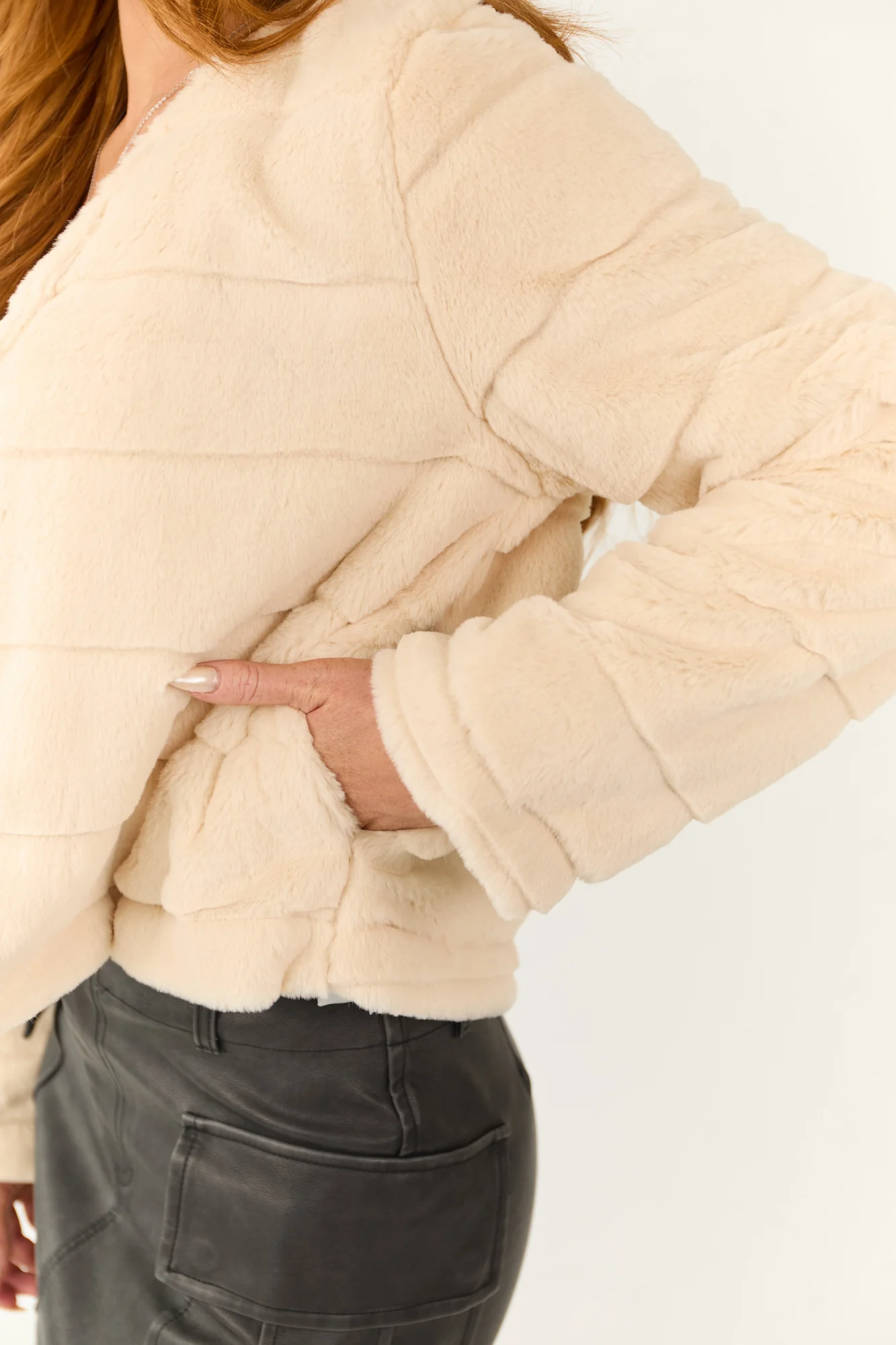 Taupe Faux Fur V-Neck Jacket