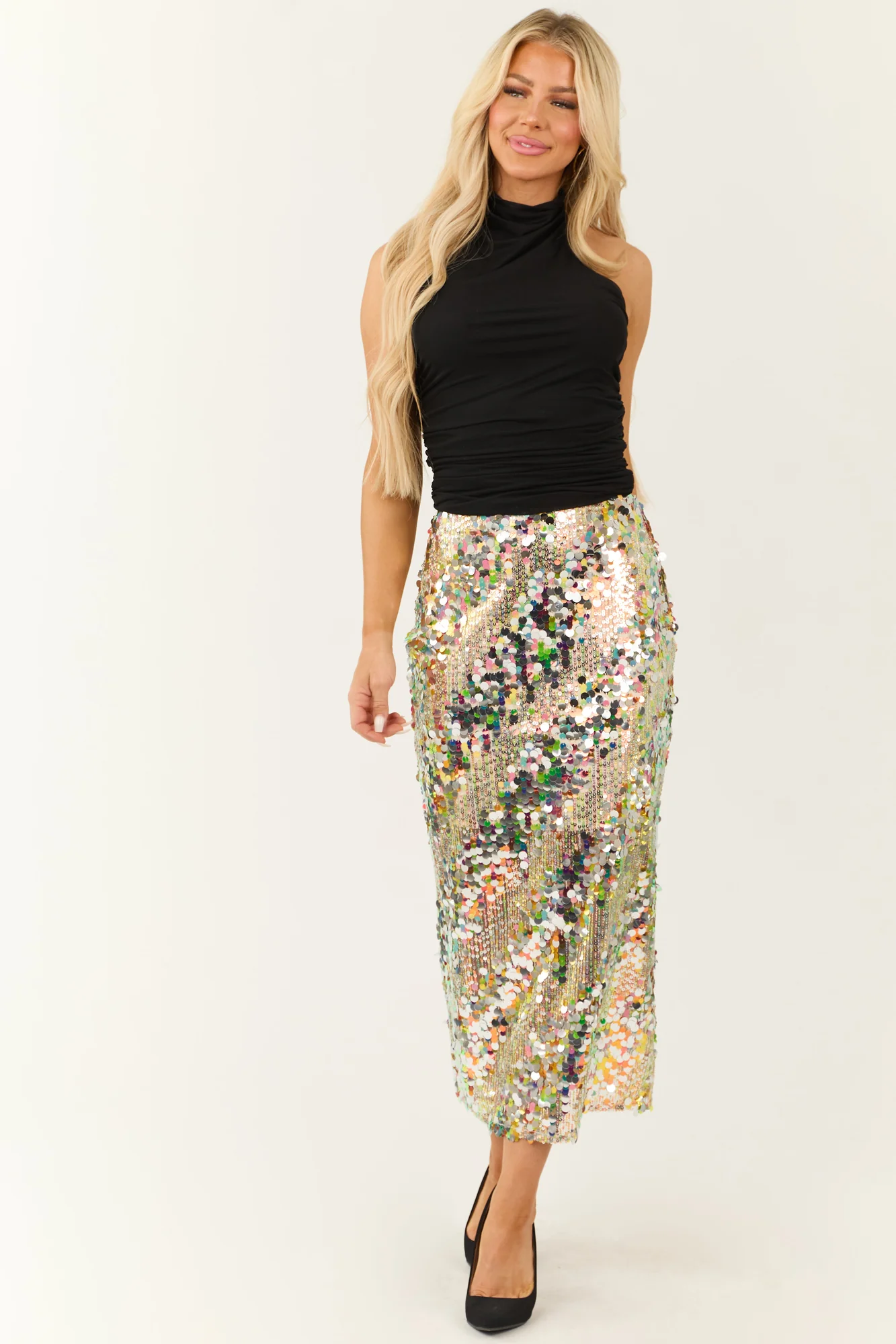 Sequin Embellished Pencil Skirt - Shimmering Silver, Punch, Teal, and More