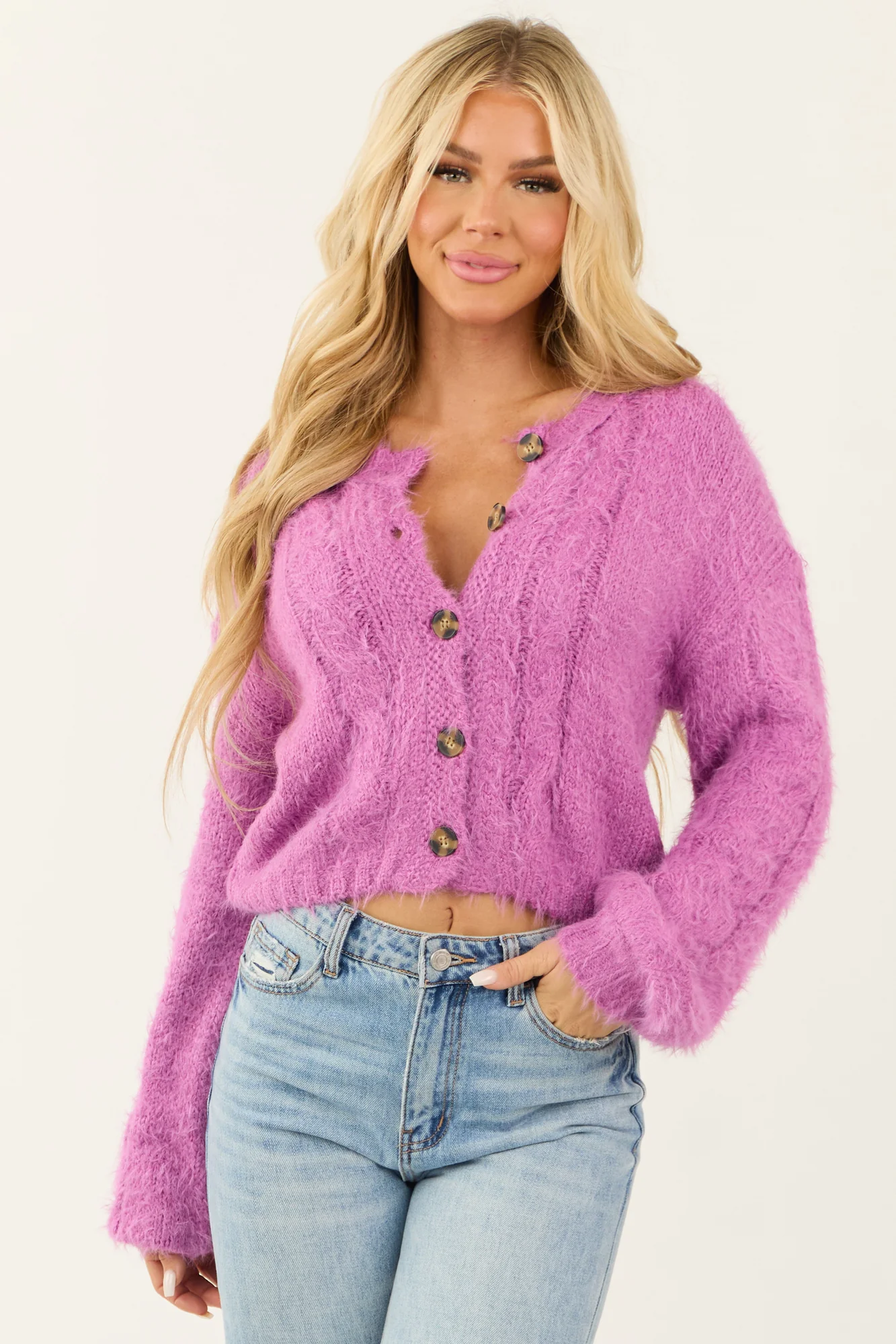 Cocoa & Camel Fuzzy Cable Knit Button-Up Cardigan