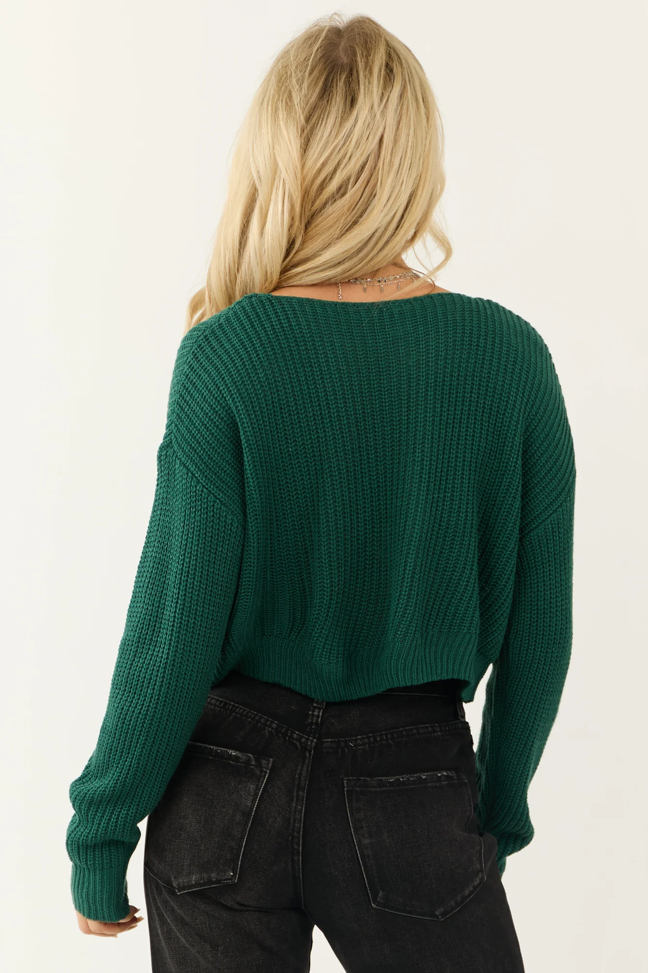 Green V-Neck Cropped Sweater | Boxy Fit Rib Knit Top