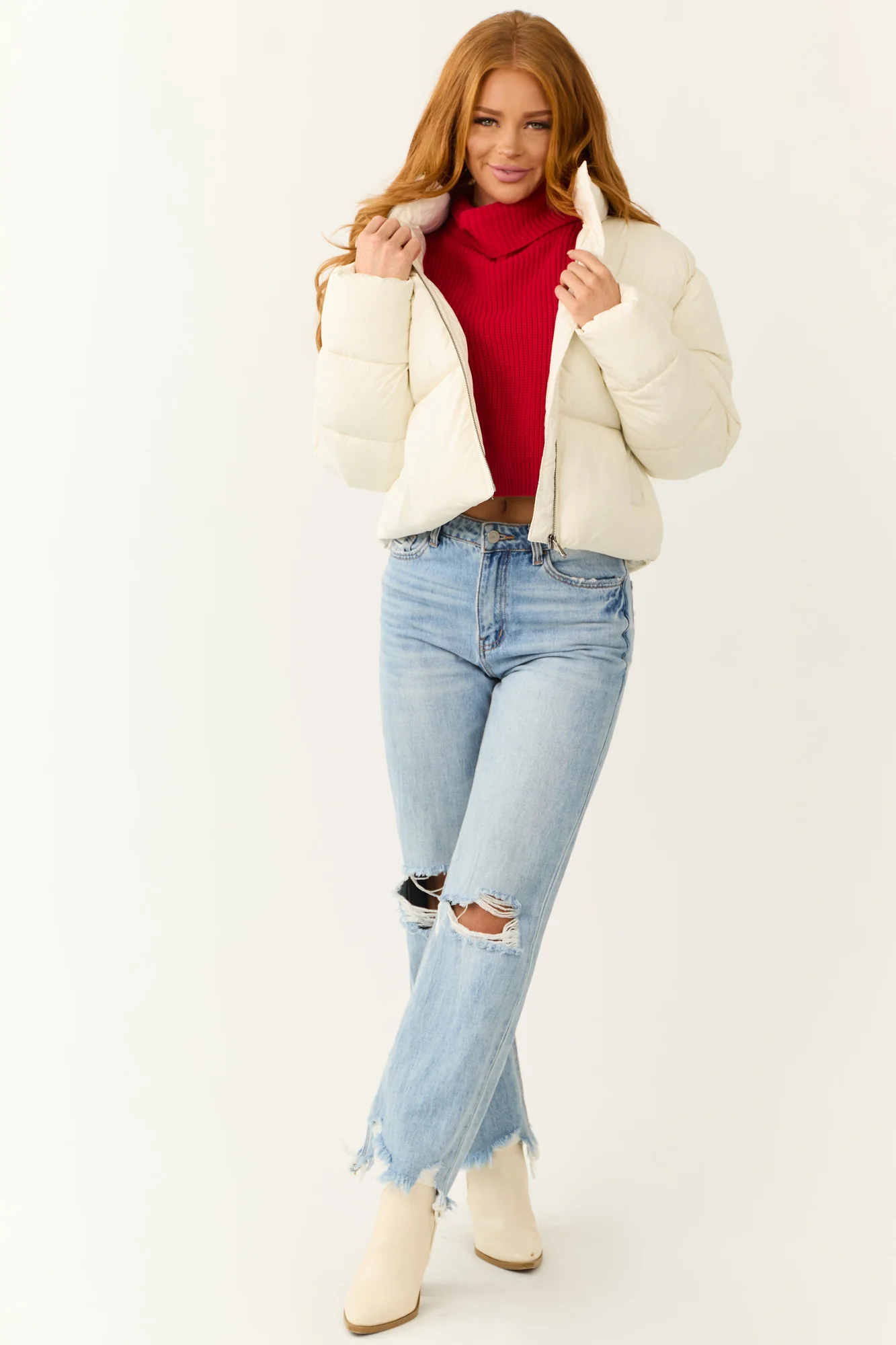 Quilted Puffer Jacket Cream Zip Up Collared
