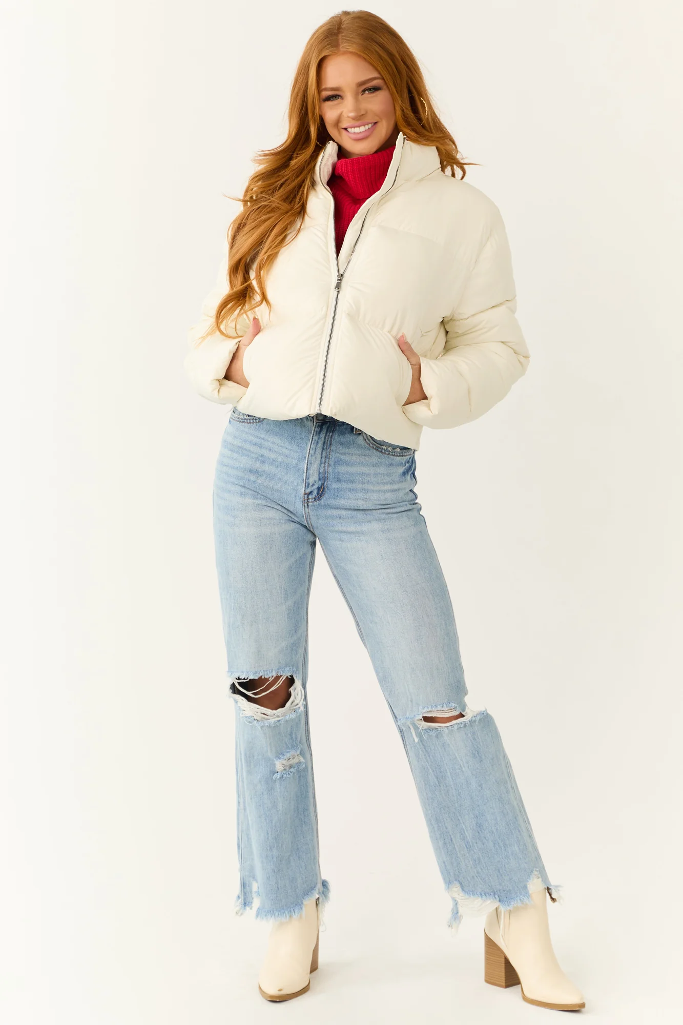 Quilted Puffer Jacket Cream Zip Up Collared