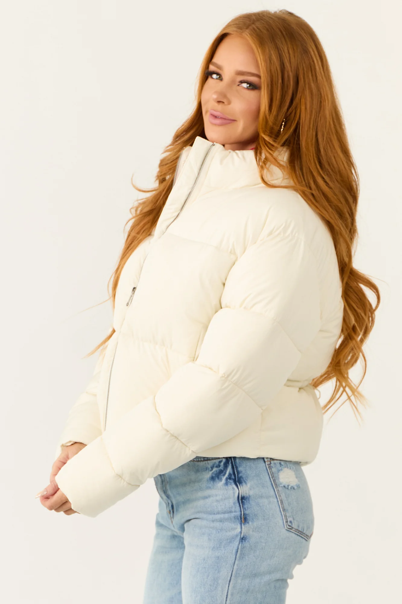Quilted Puffer Jacket Cream Zip Up Collared