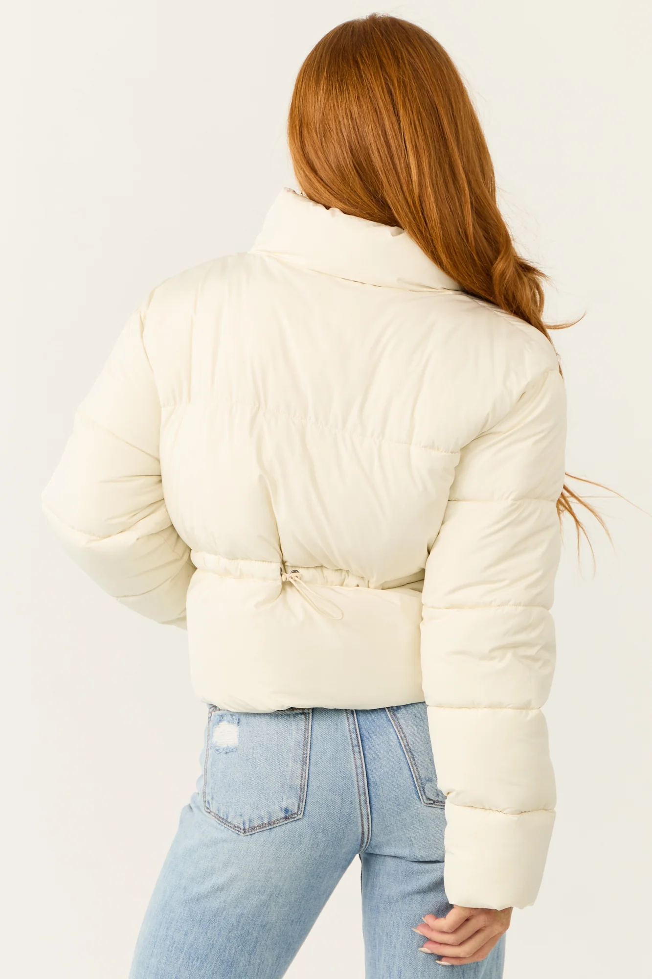 Quilted Puffer Jacket Cream Zip Up Collared