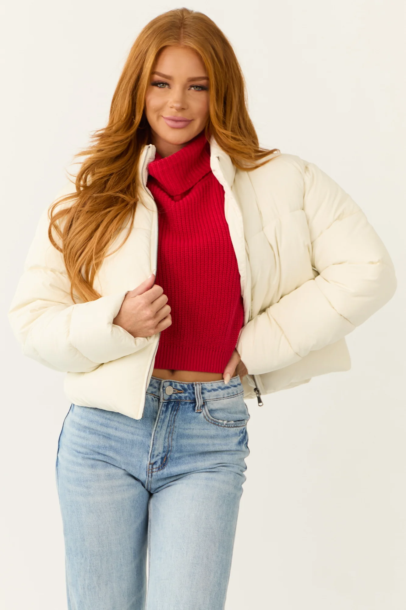 Quilted Puffer Jacket Cream Zip Up Collared