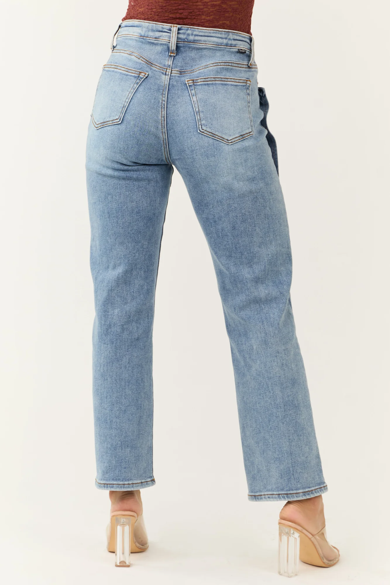 Medium Wash High Rise Straight Jeans 7/8 Distressed Fit