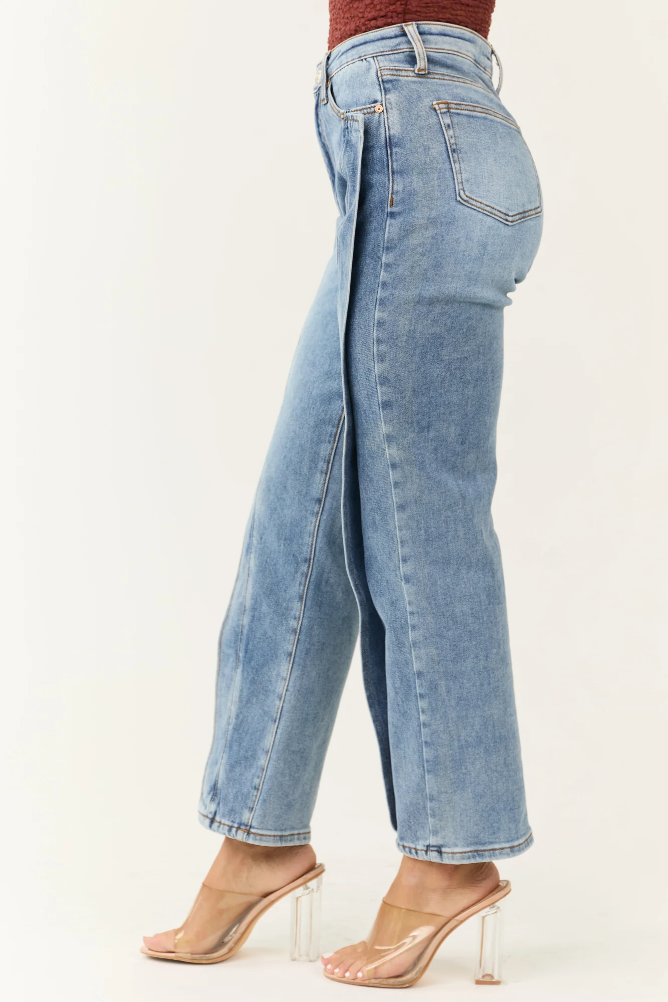 Medium Wash High Rise Straight Jeans 7/8 Distressed Fit