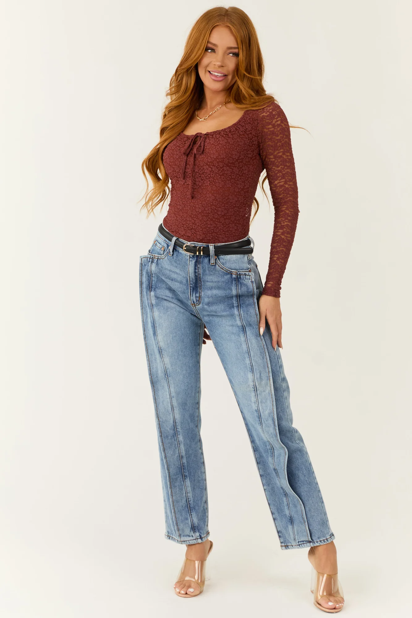 Medium Wash High Rise Straight Jeans 7/8 Distressed Fit