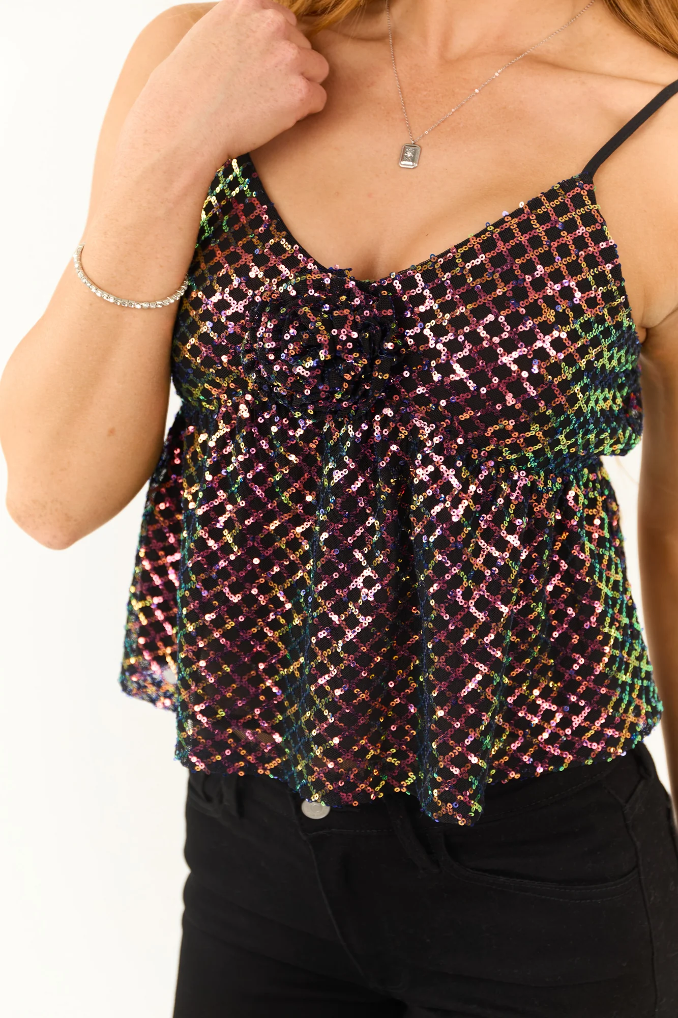 Sequin Embellished Babydoll Tank Top in Black Multicolor