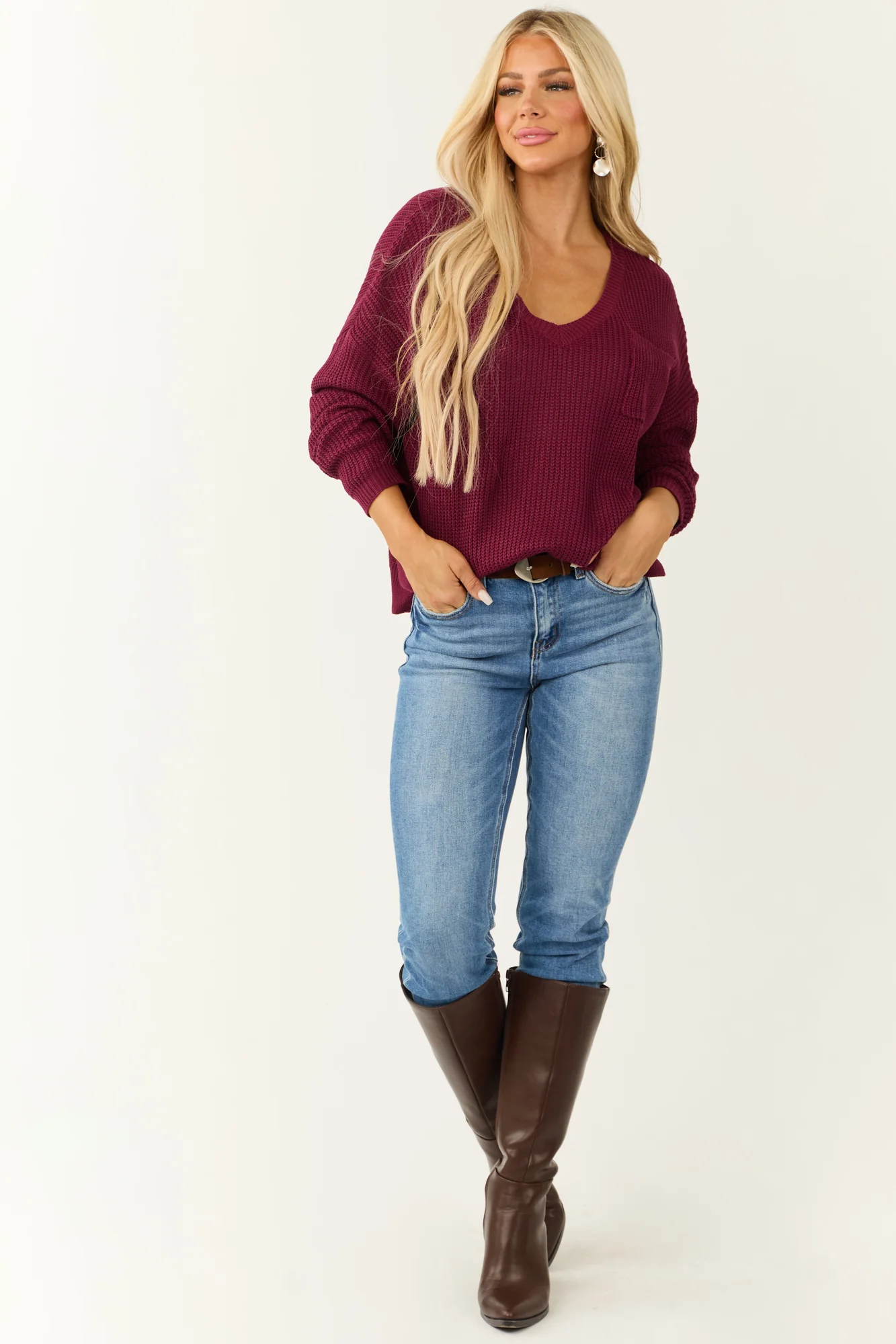 Red V-Neck Chunky Knit Sweater - Oversized Fit