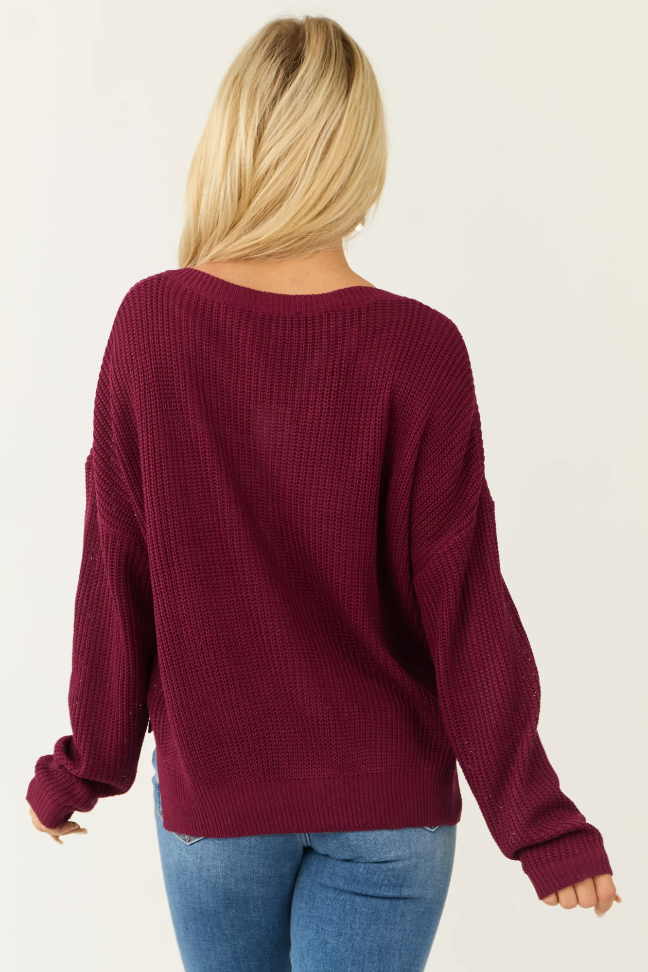 Red V-Neck Chunky Knit Sweater - Oversized Fit