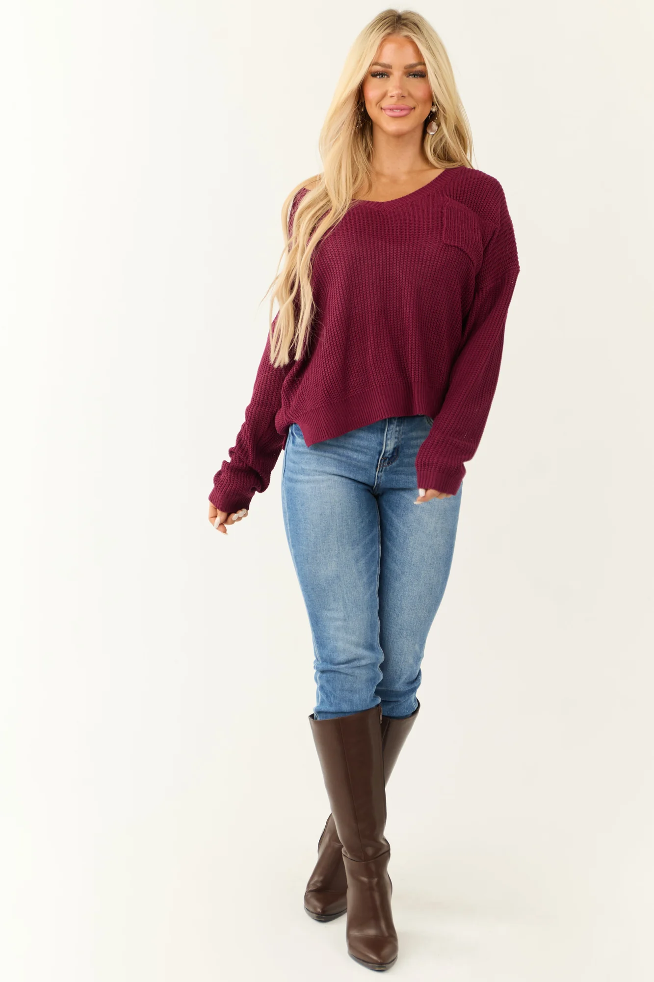 Red V-Neck Chunky Knit Sweater - Oversized Fit