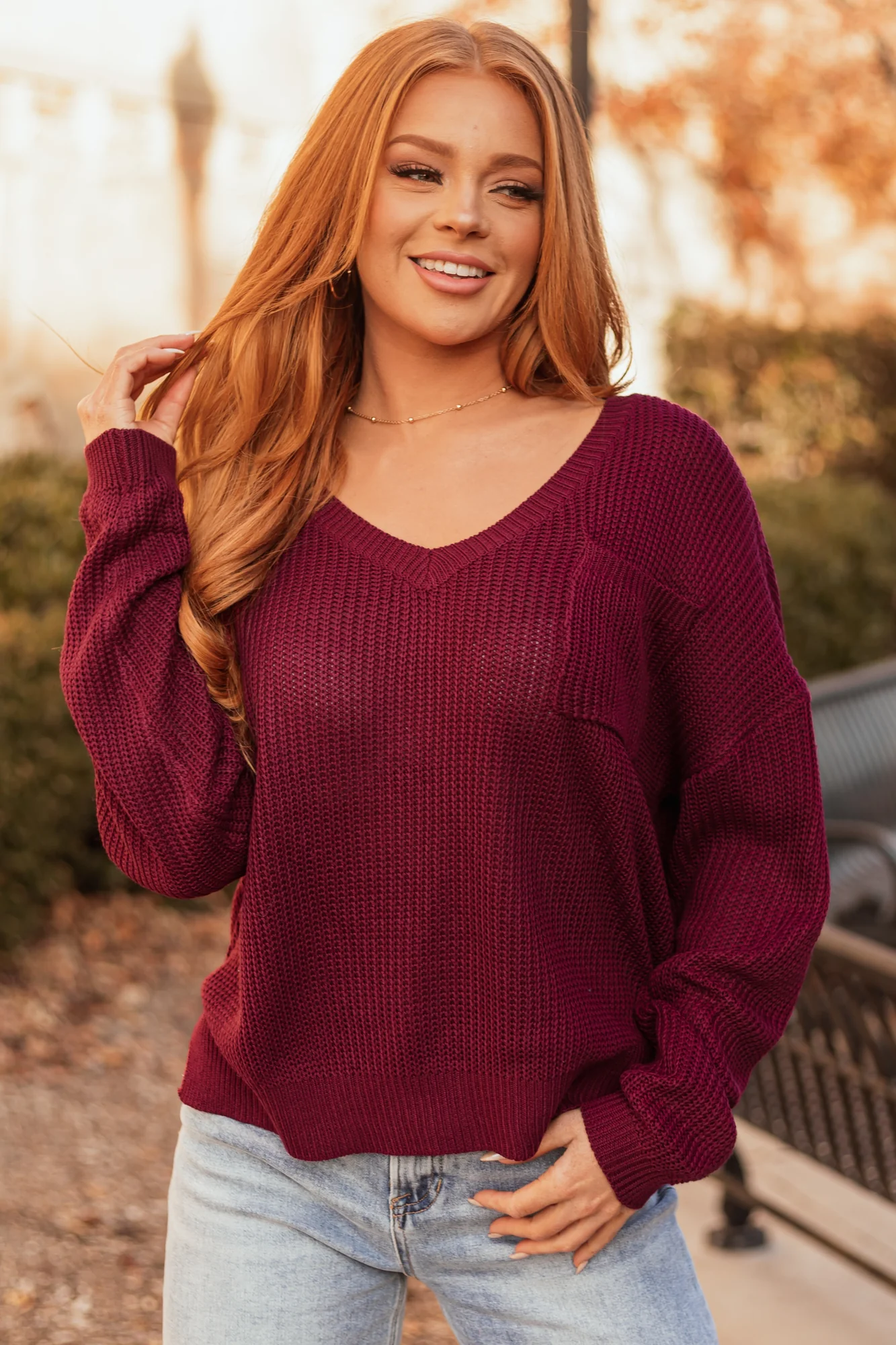 Red V-Neck Chunky Knit Sweater - Oversized Fit