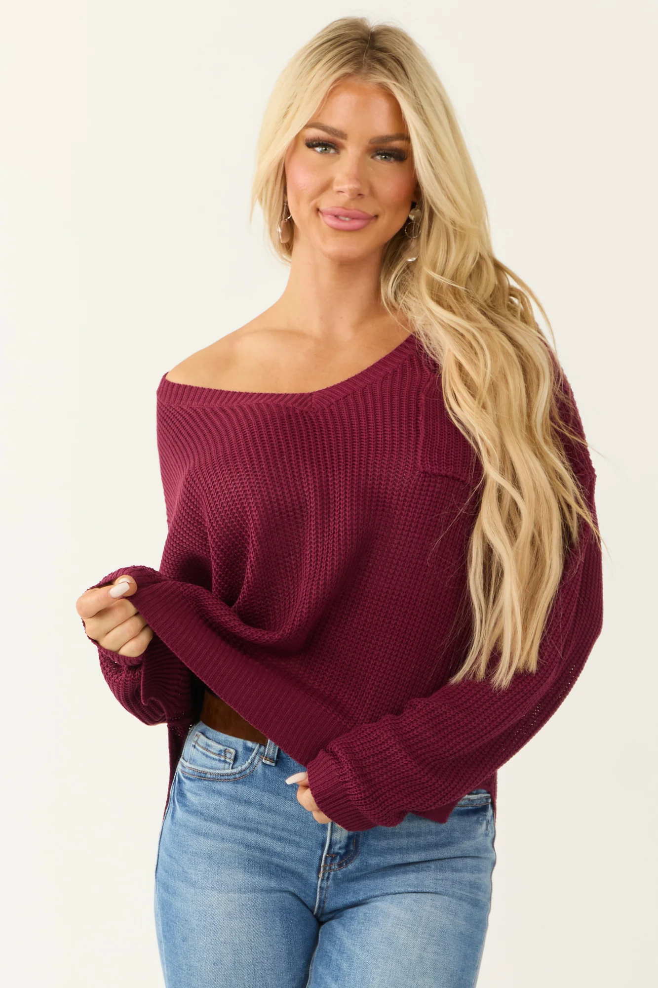 Red V-Neck Chunky Knit Sweater - Oversized Fit