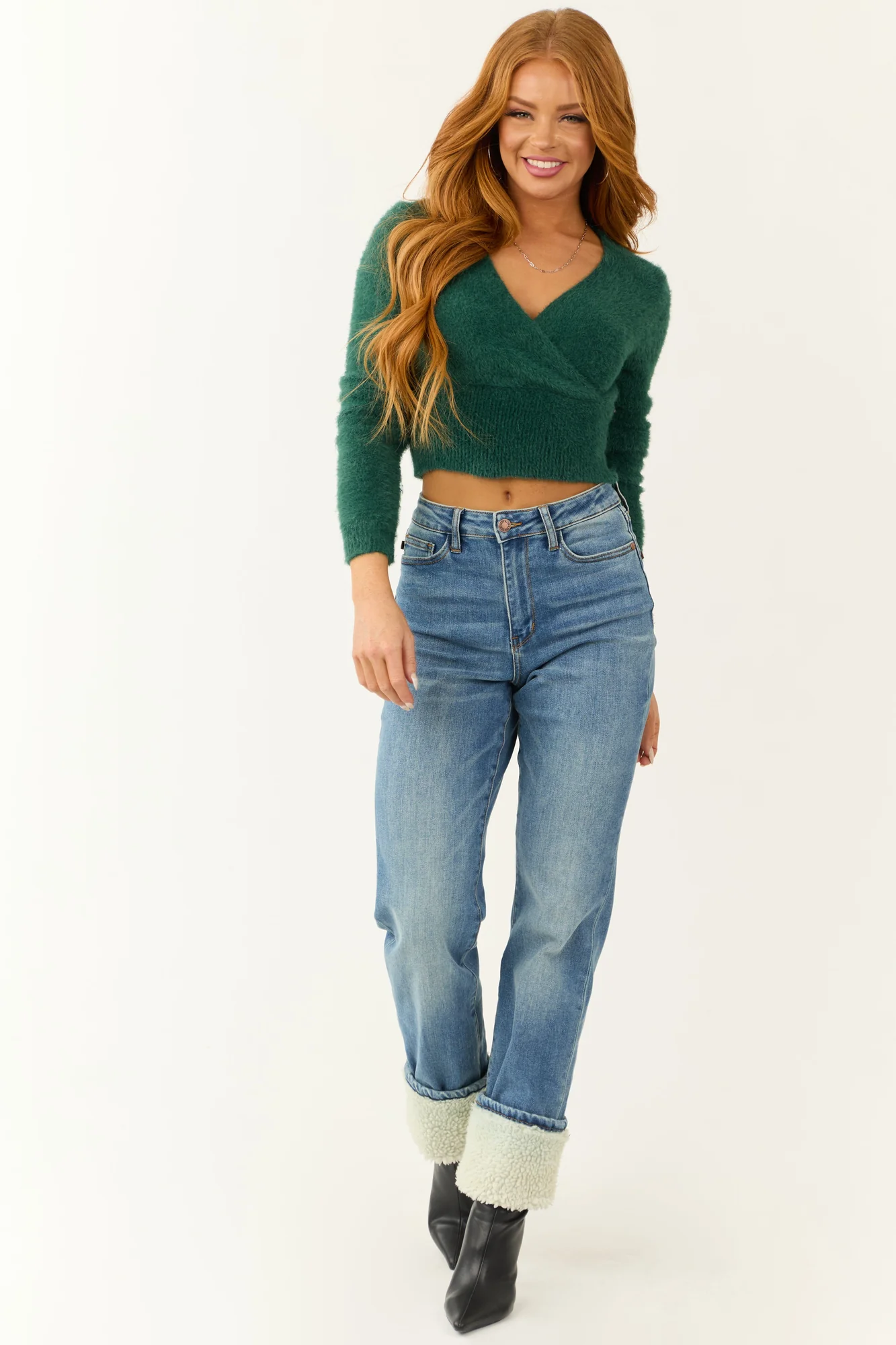 Green Surplice V-Neck Knit Sweater