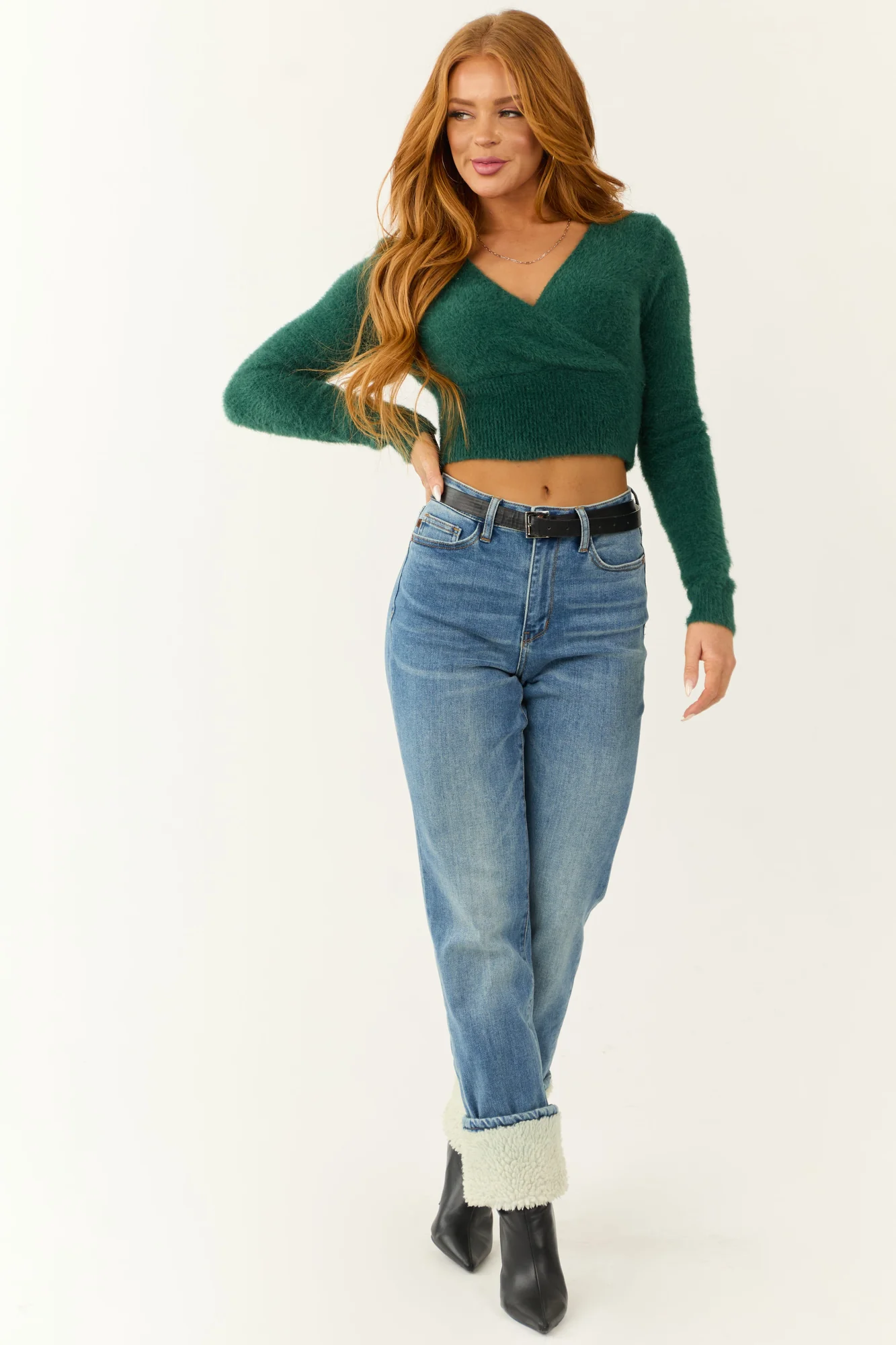 Green Surplice V-Neck Knit Sweater
