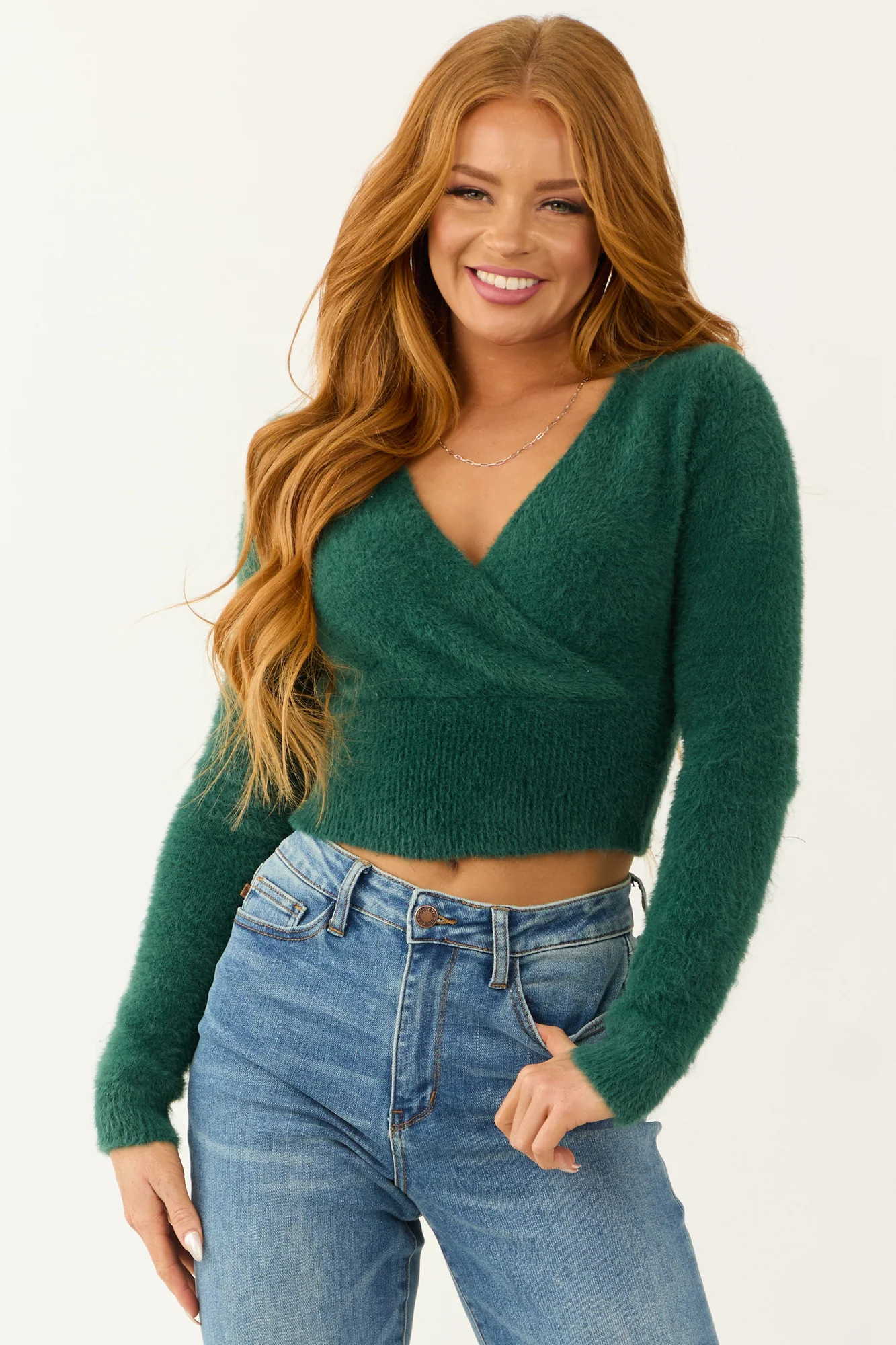 Green Surplice V-Neck Knit Sweater