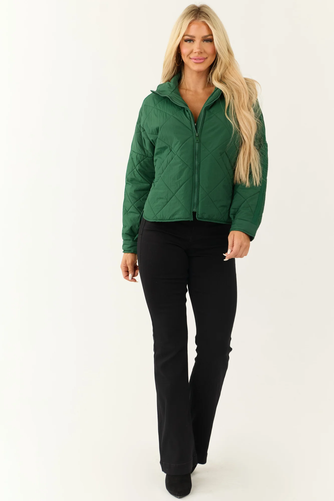 Green Quilted Puffer Jacket with Keyhole Cuffs