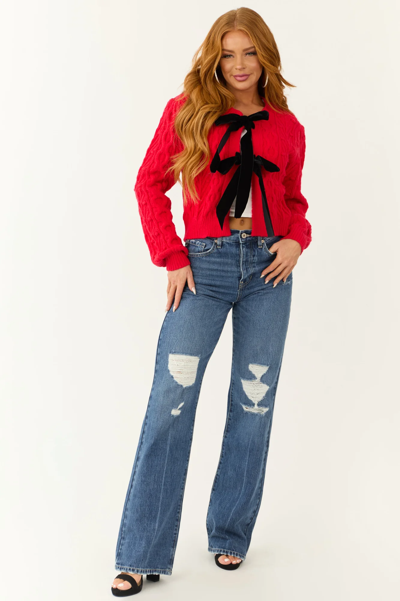 Red Cable Knit Velvet Bow Tie Sweater Cardigan