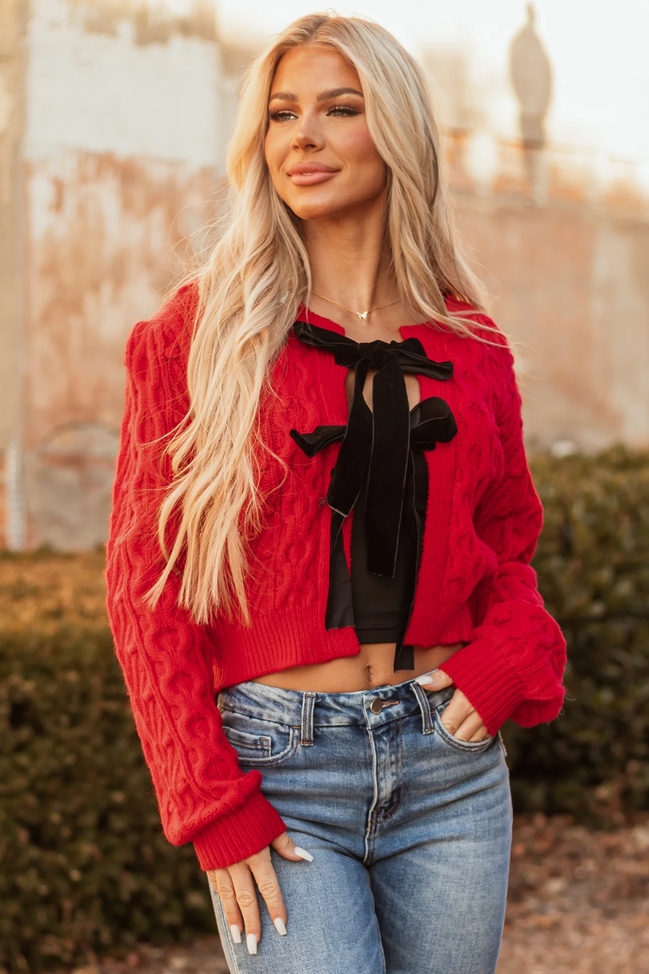 Red Cable Knit Velvet Bow Tie Sweater Cardigan