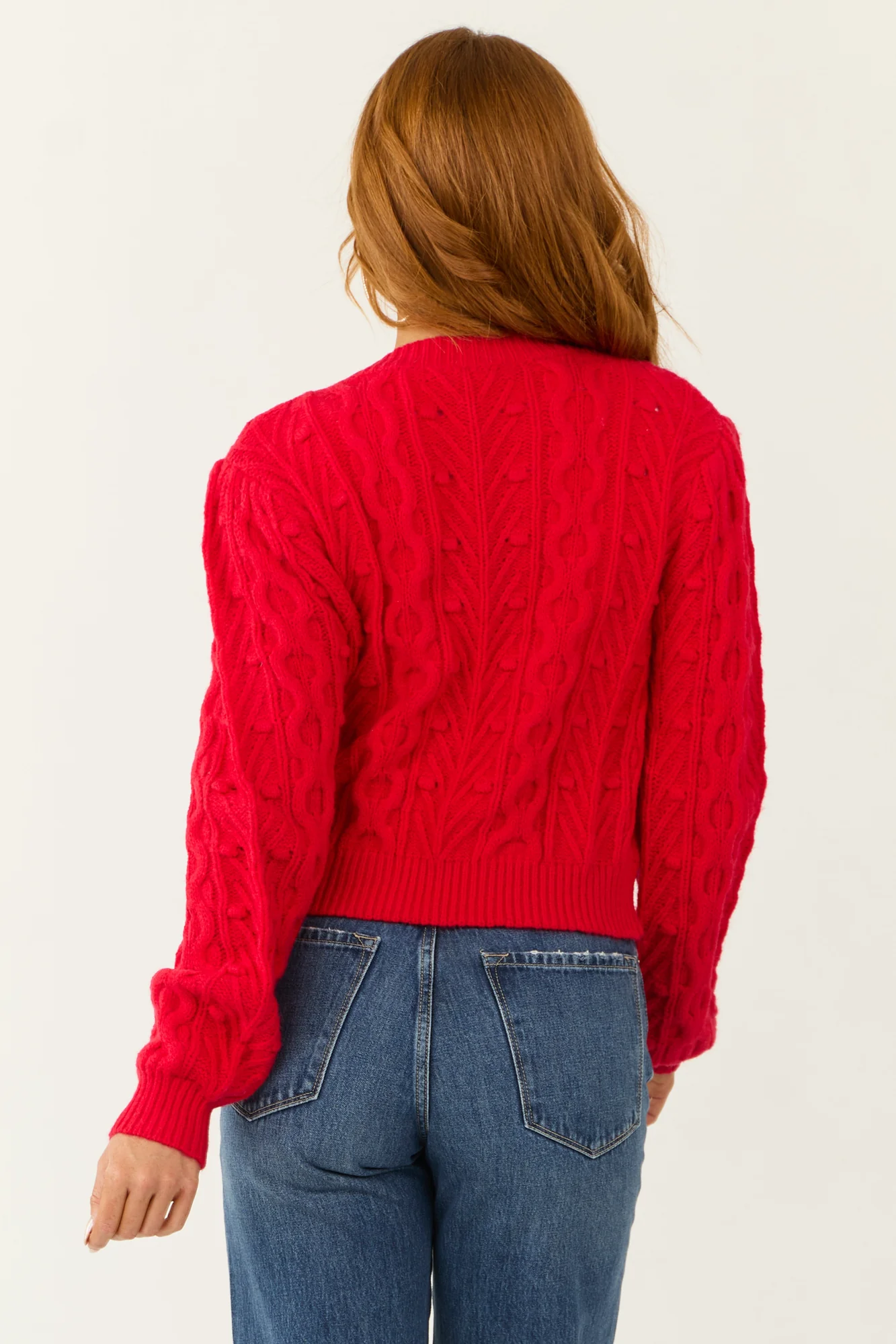 Red Cable Knit Velvet Bow Tie Sweater Cardigan