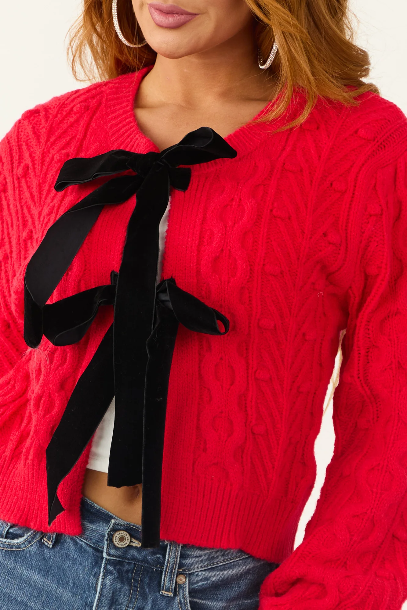 Red Cable Knit Velvet Bow Tie Sweater Cardigan