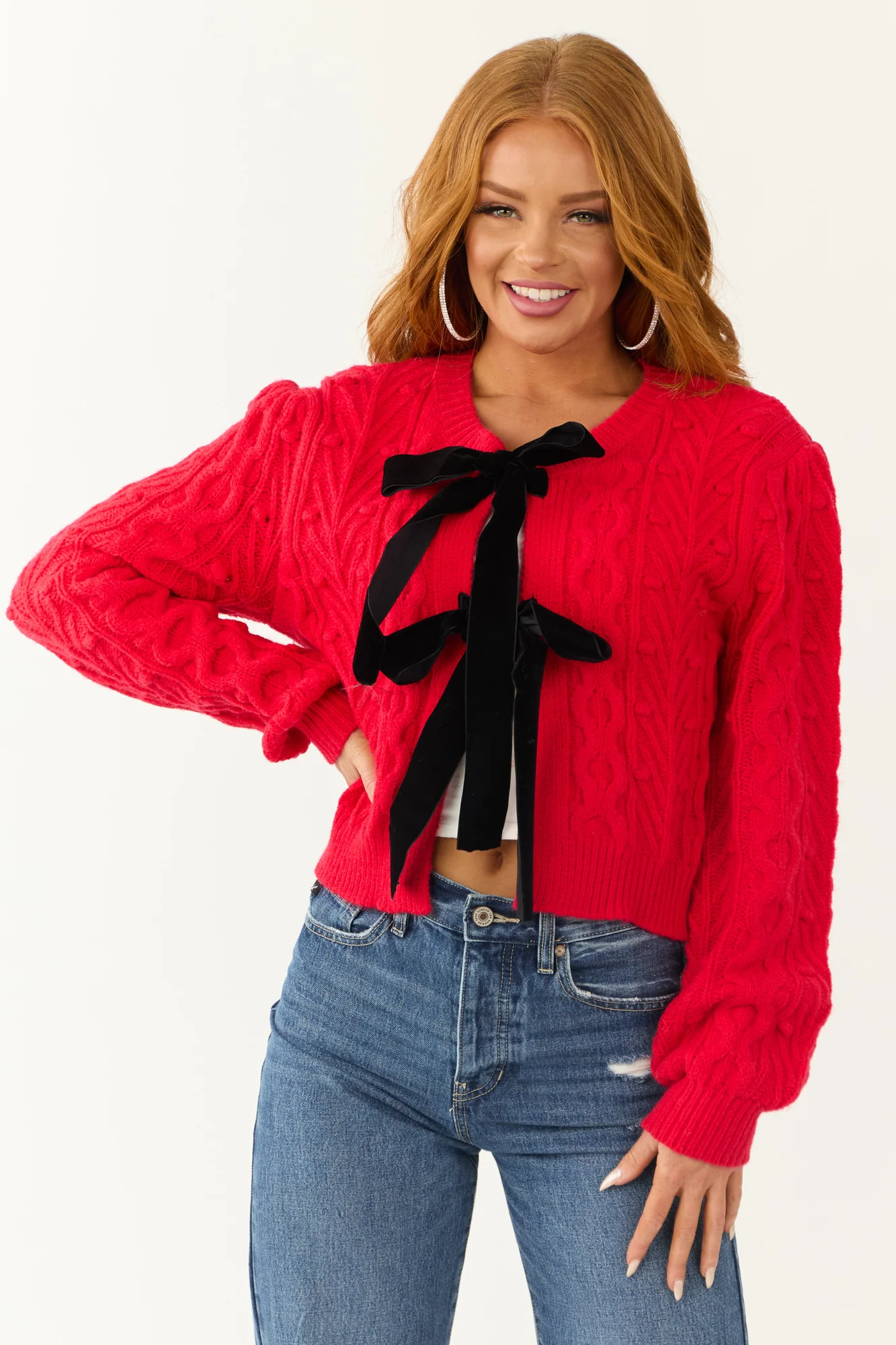 Red Cable Knit Velvet Bow Tie Sweater Cardigan