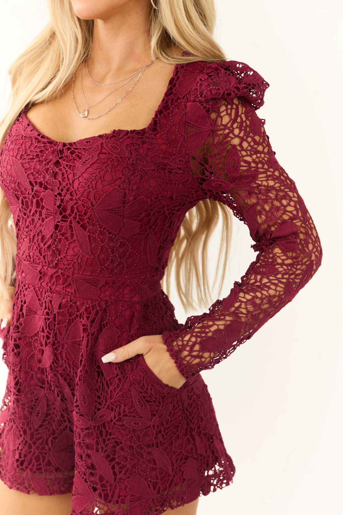 Burgundy Lace Sweetheart Neckline Romper - Womens Floral Sleeveless Jumpsuit