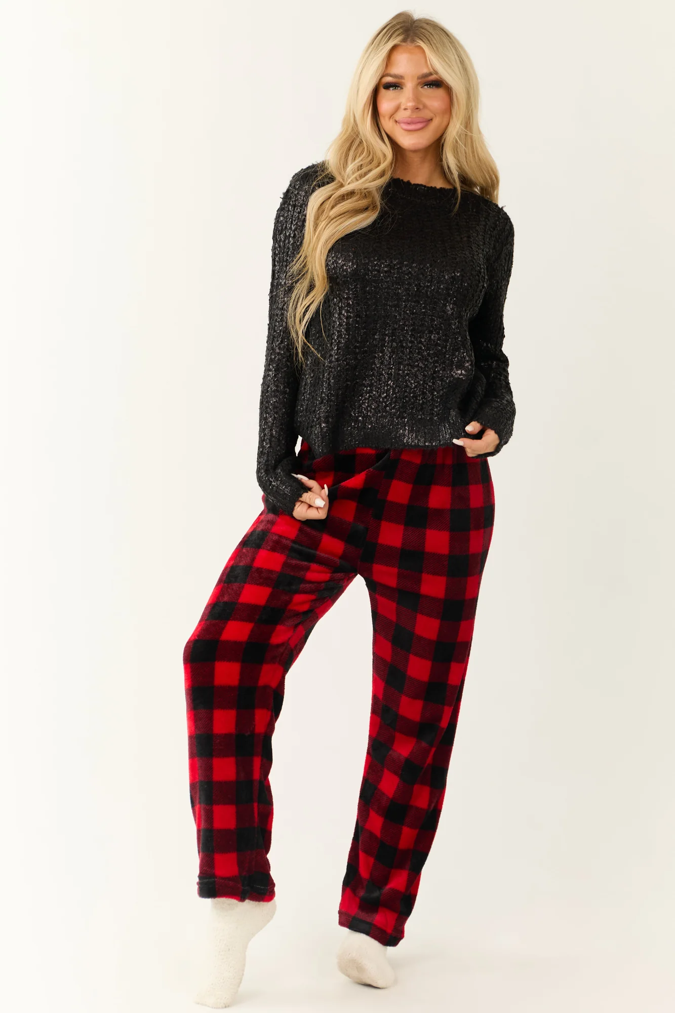 Red and Black Plaid Fleece Lounge Pants
