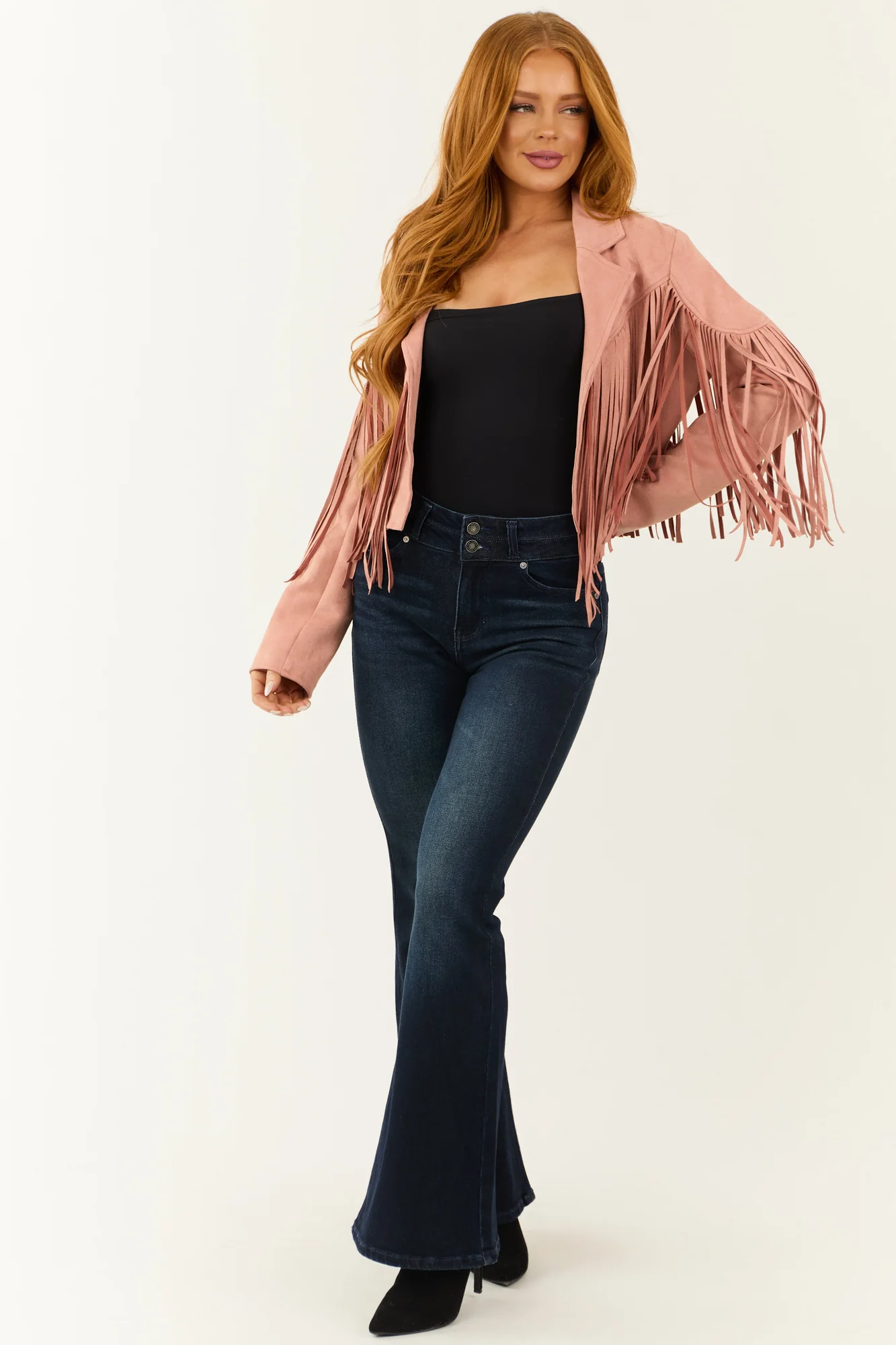 Pink Fringe Faux Suede Open Front Jacket