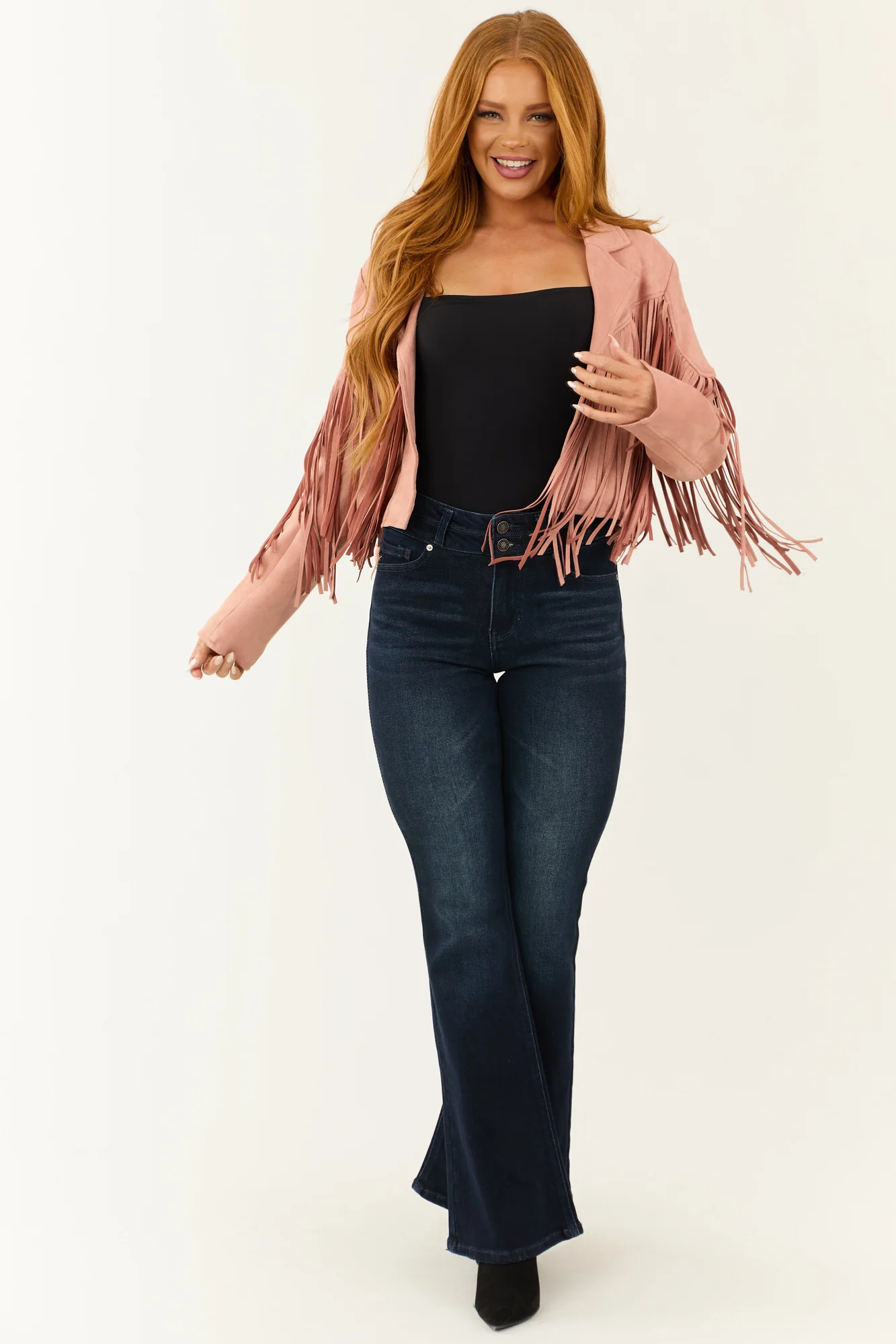 Pink Fringe Faux Suede Open Front Jacket