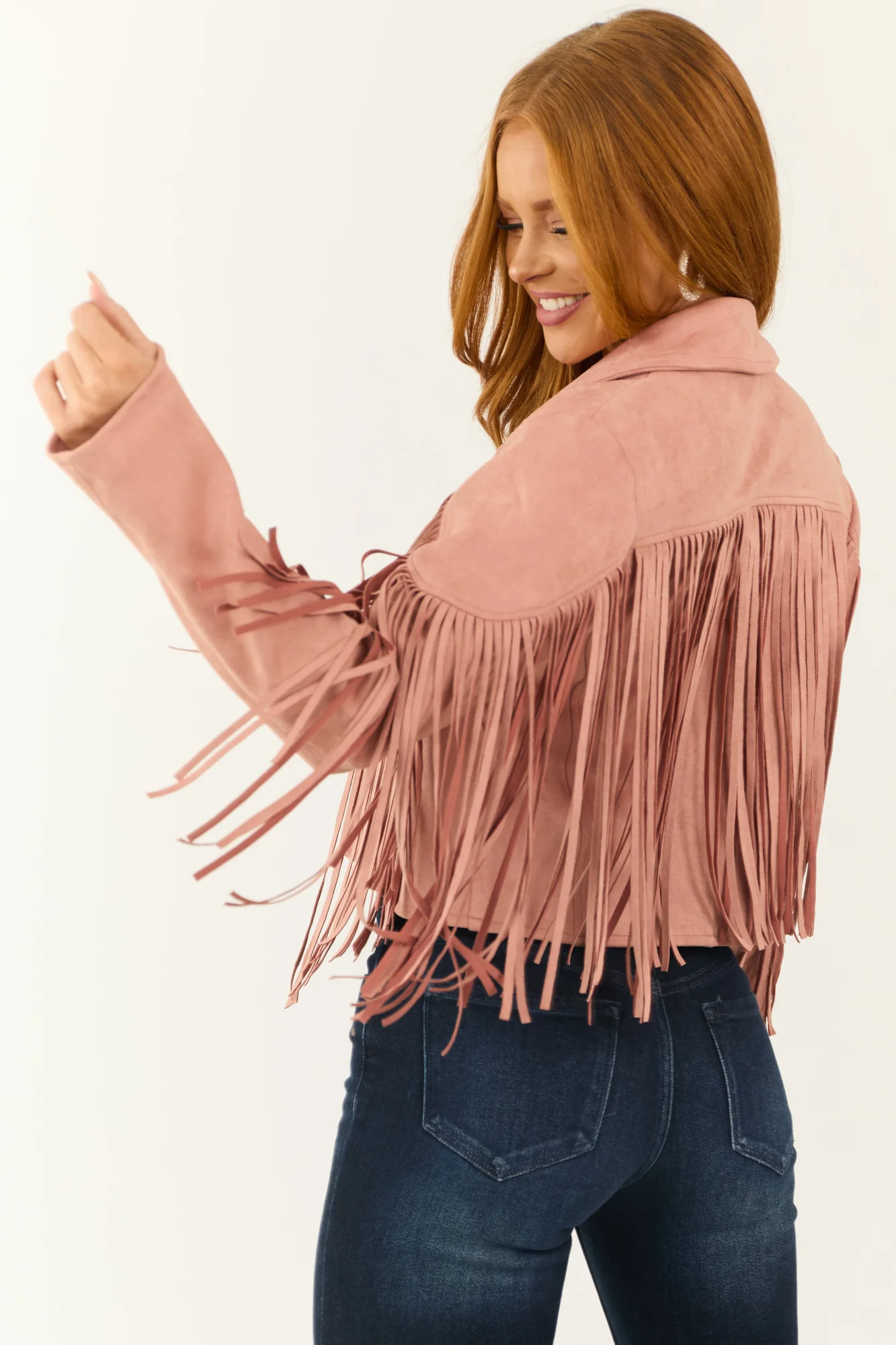 Pink Fringe Faux Suede Open Front Jacket