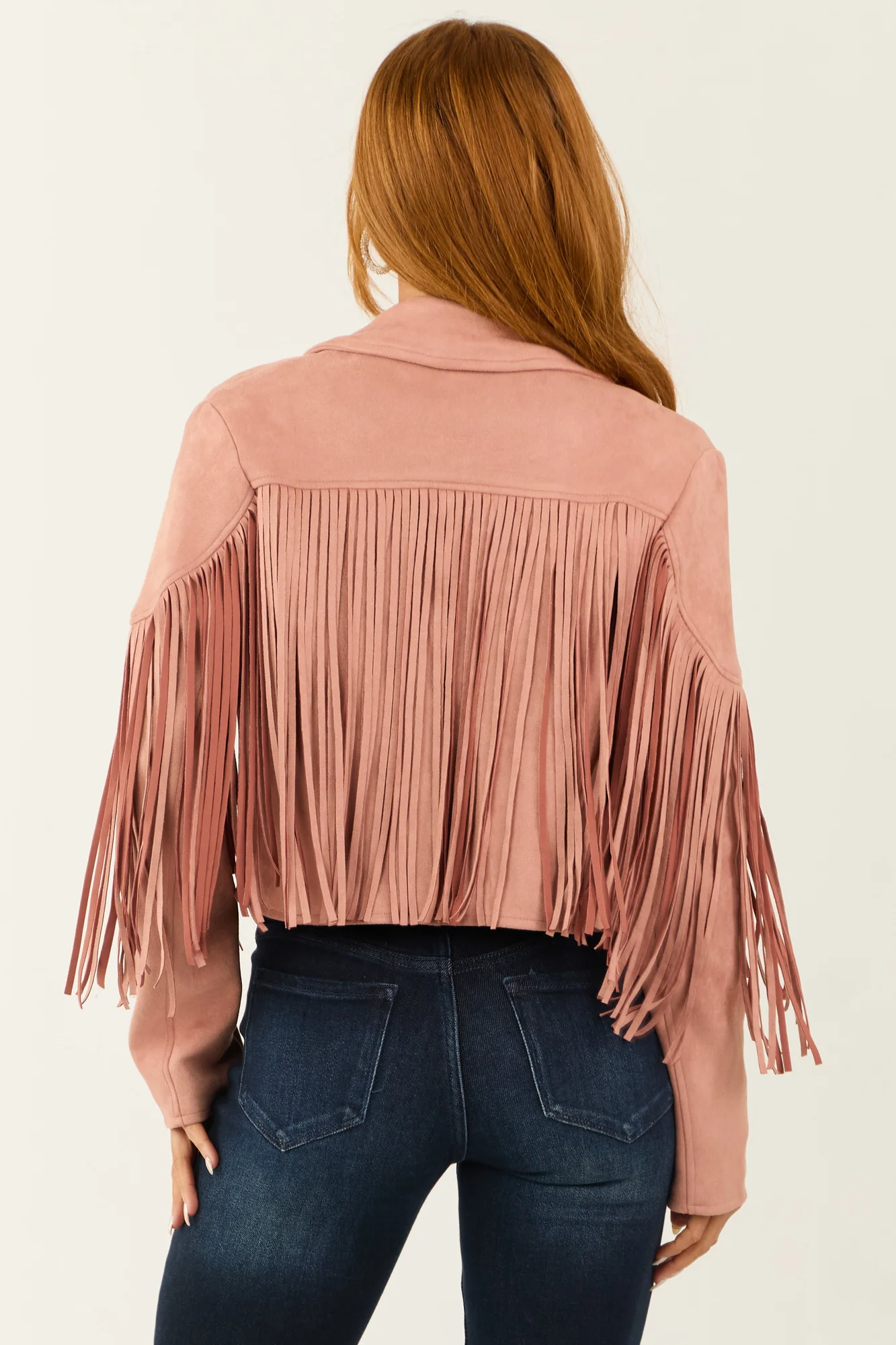 Pink Fringe Faux Suede Open Front Jacket