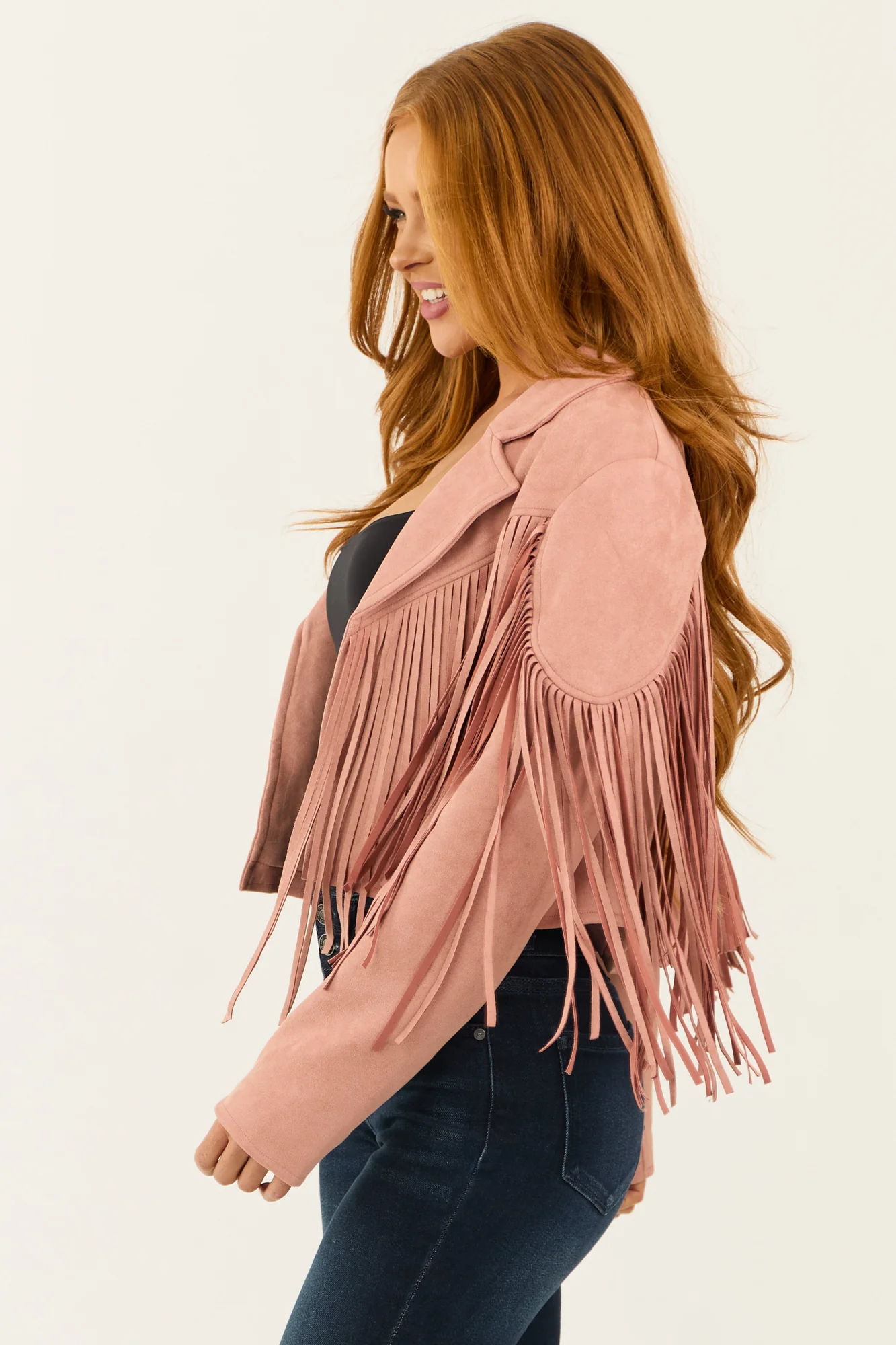 Pink Fringe Faux Suede Open Front Jacket