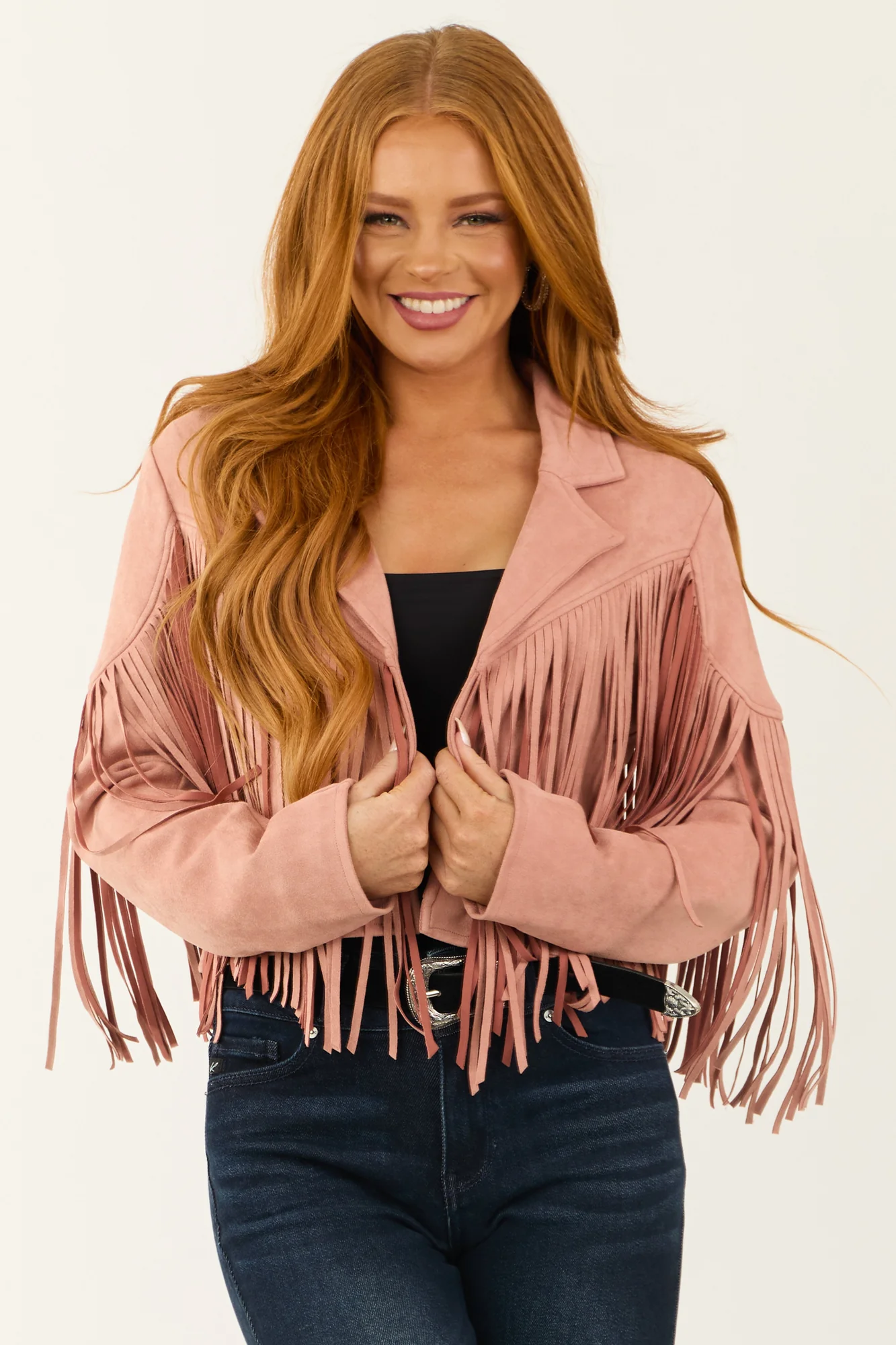 Pink Fringe Faux Suede Open Front Jacket