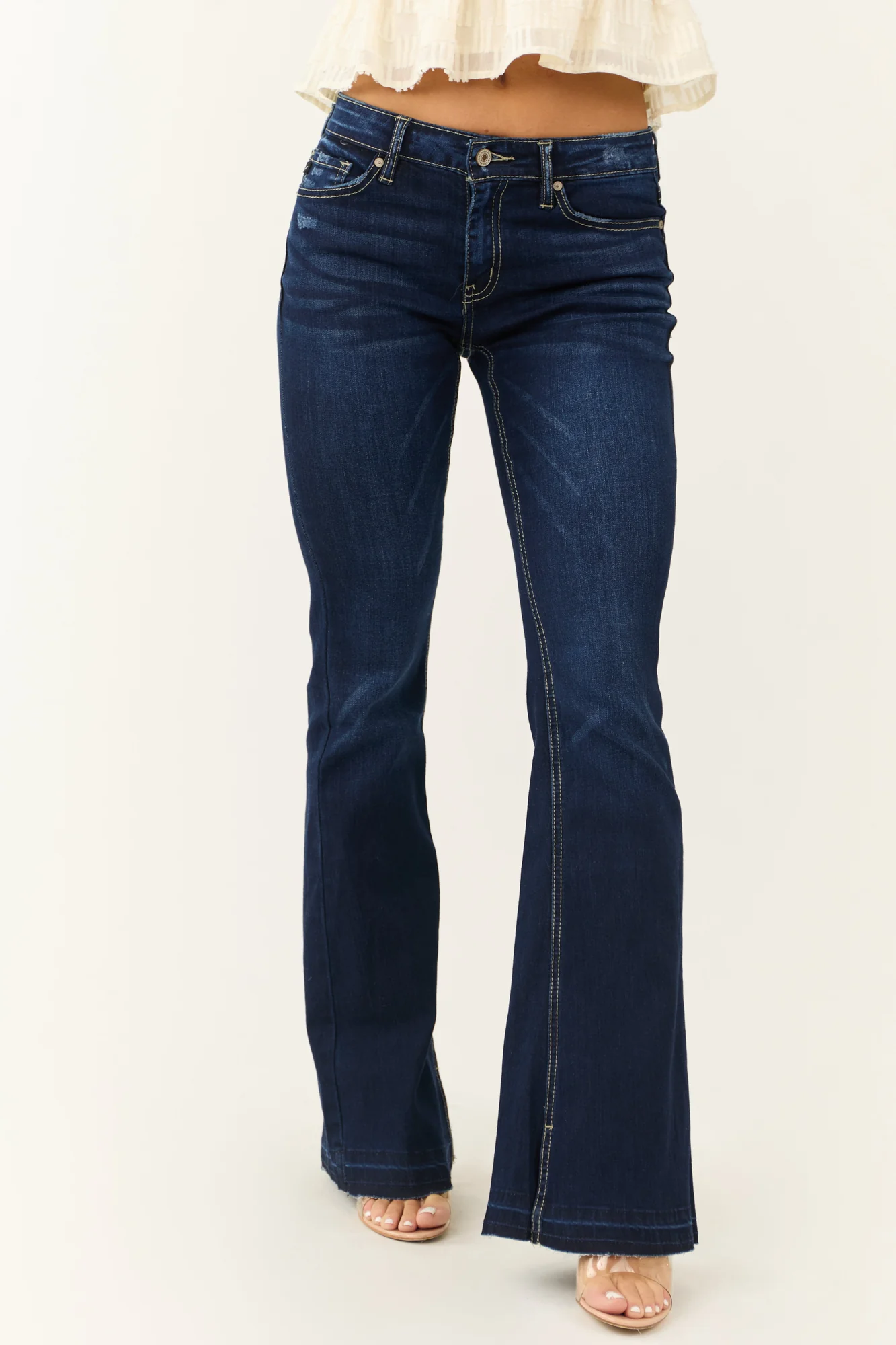 Womens Dark Wash Flare Leg Jeans - Mid Rise Denim Pants