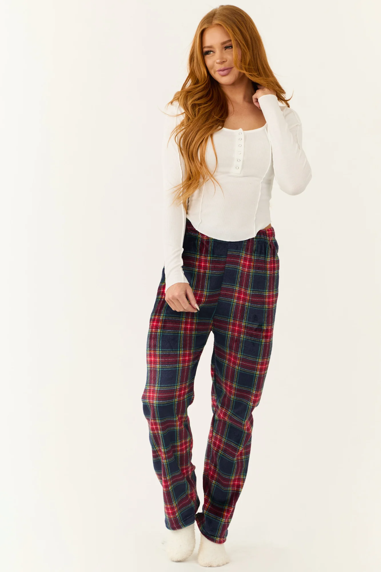 Plaid Fleece Elastic Waist Pajama Pants in Ruby and Navy
