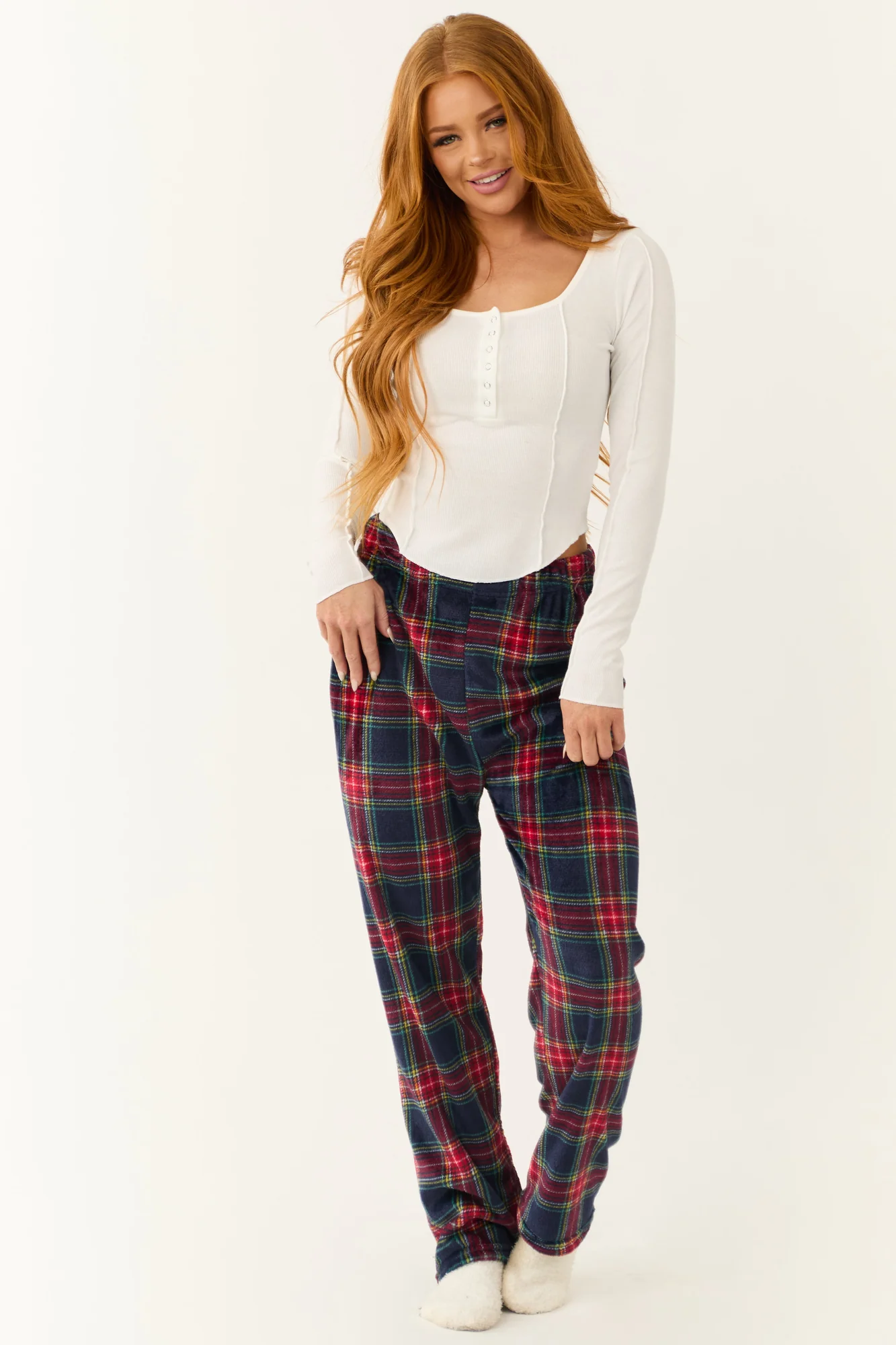 Plaid Fleece Elastic Waist Pajama Pants in Ruby and Navy