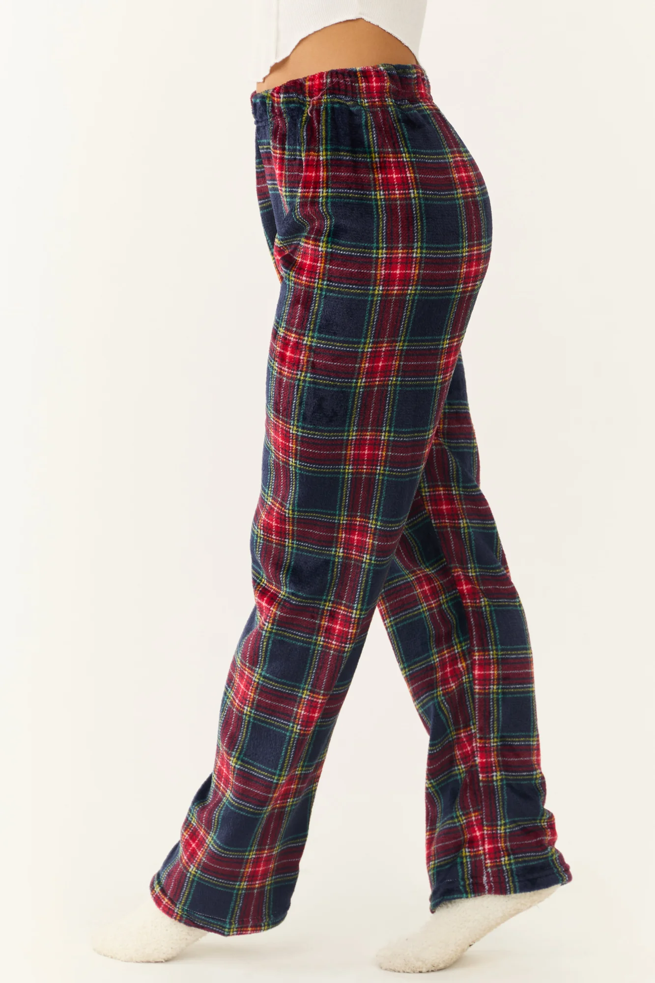 Plaid Fleece Elastic Waist Pajama Pants in Ruby and Navy